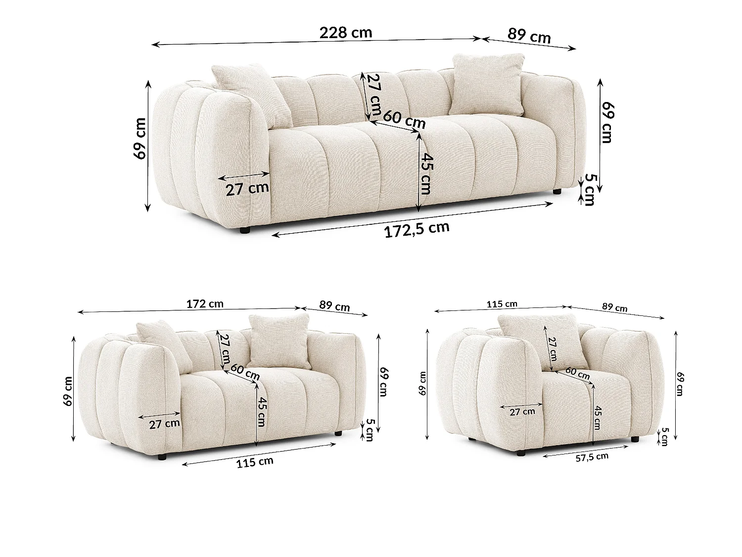 Ensemble de canapés 3+2+1 (3 places, 2 places et fauteuil) en tissu structuré doux, au design moderne et à l’aspect matelassé NUBIRA