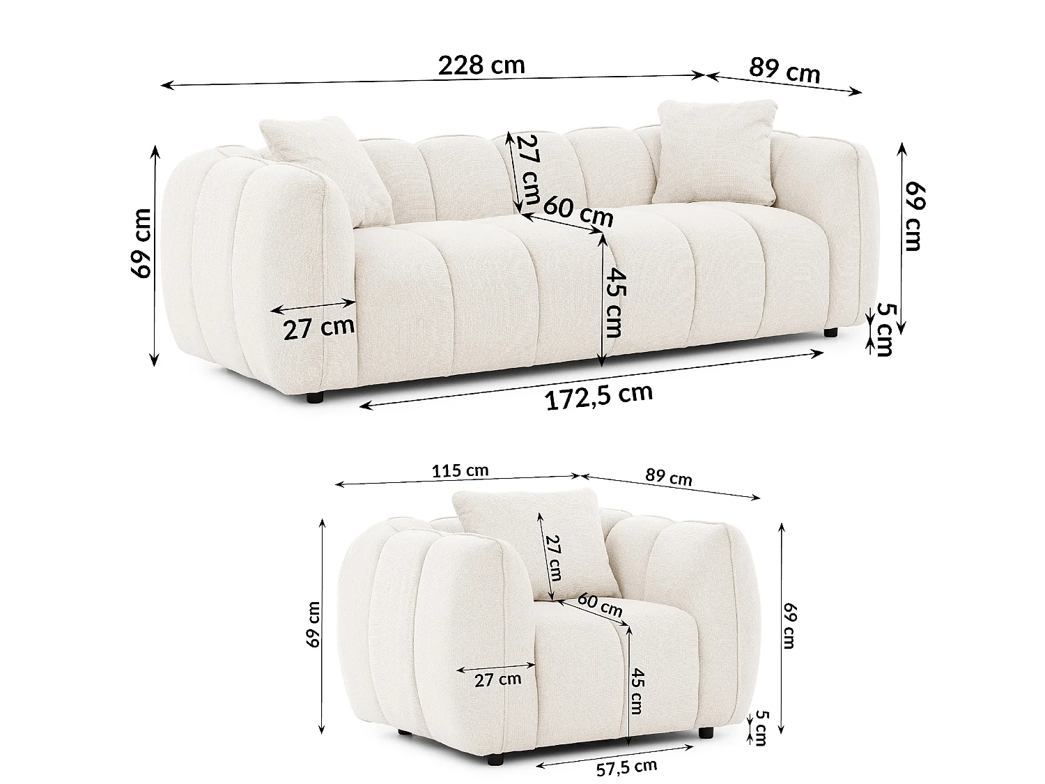 Ensemble de canapés 3+1 (3 places et fauteuil) en tissu structuré doux, au design moderne et à l’aspect matelassé NUBIRA