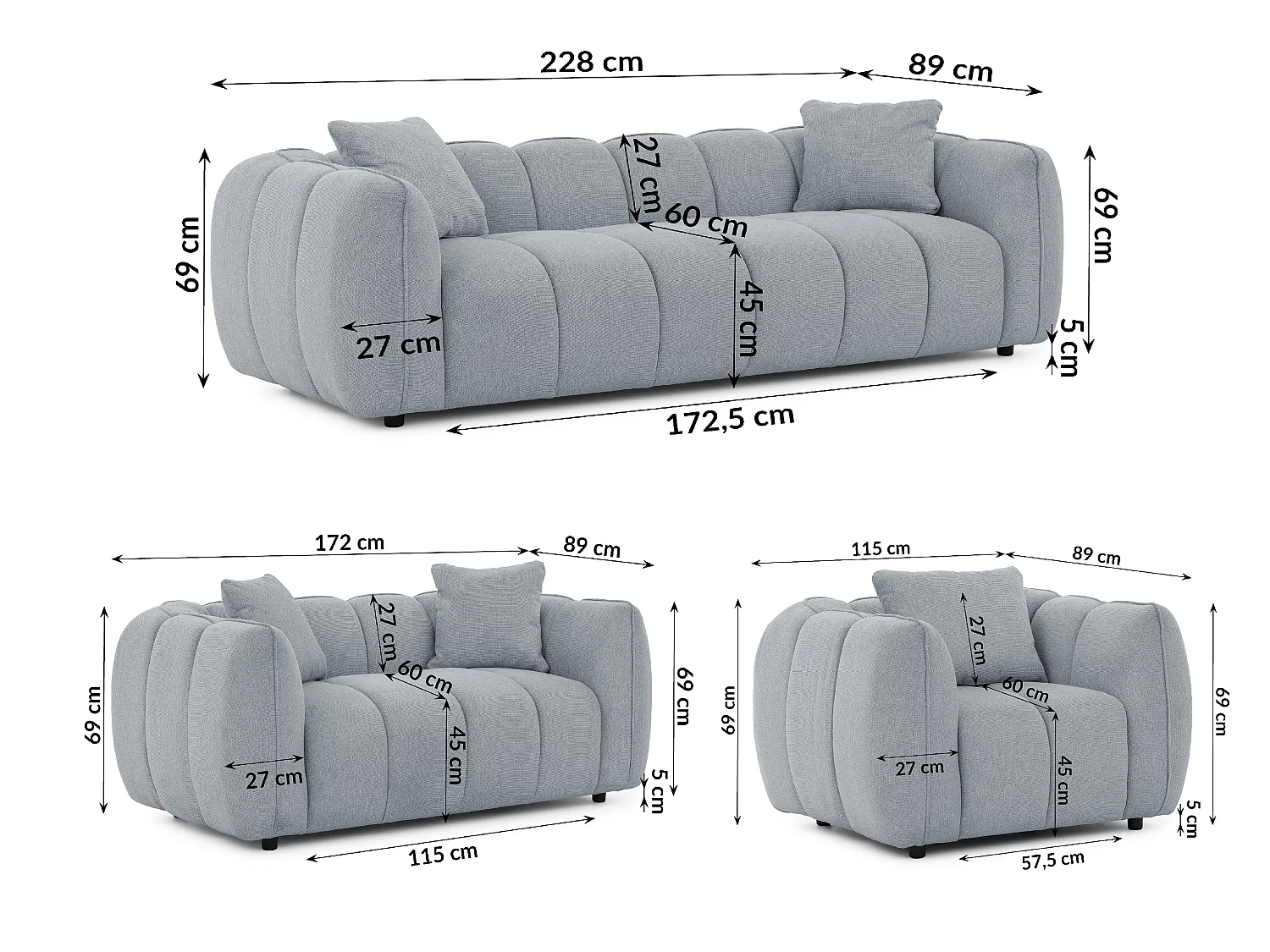 Ensemble de canapés 3+2+1 (3 places, 2 places et fauteuil) en tissu structuré doux, au design moderne et à l’aspect matelassé NUBIRA