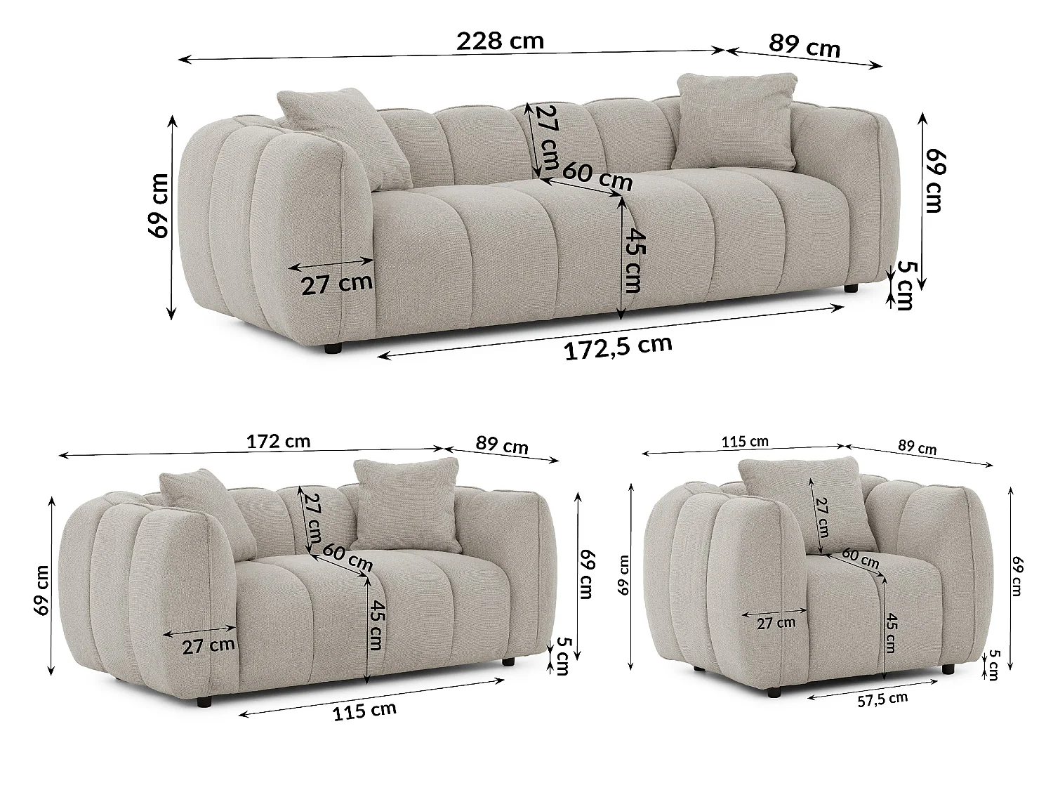 Ensemble de canapés 3+2+1 (3 places, 2 places et fauteuil) en tissu structuré doux, au design moderne et à l’aspect matelassé NUBIRA