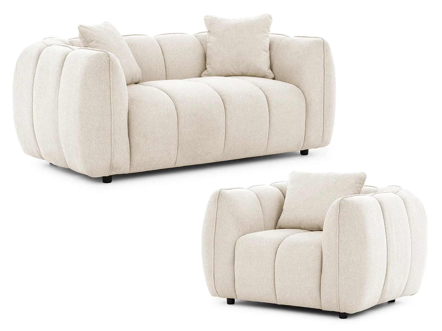 Ensemble de canapés 2+1 (2 places et fauteuil) en tissu structuré doux, au design moderne et à l’aspect matelassé NUBIRA