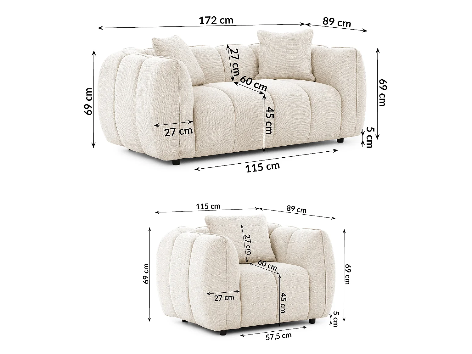 Ensemble de canapés 2+1 (2 places et fauteuil) en tissu structuré doux, au design moderne et à l’aspect matelassé NUBIRA