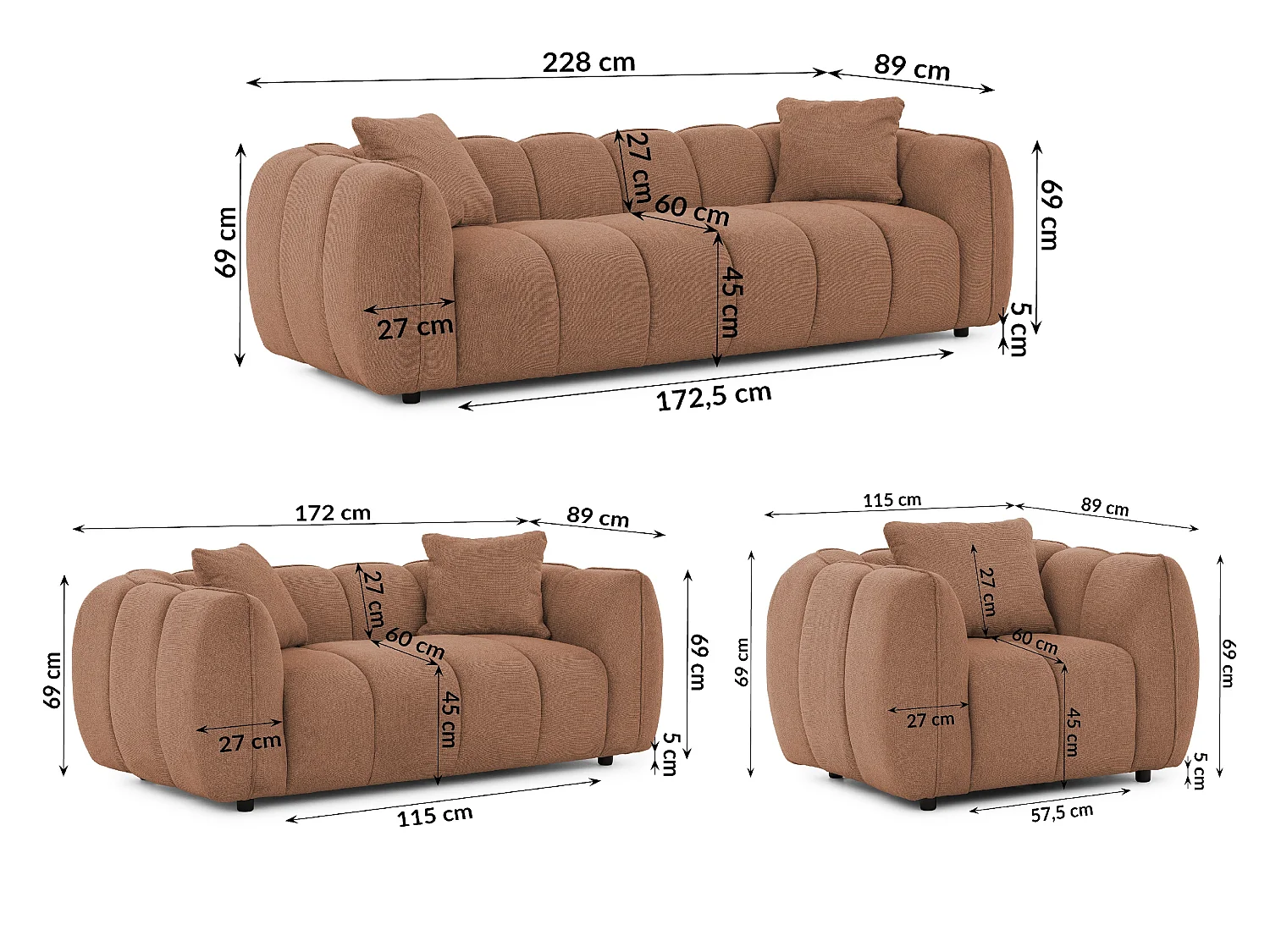 Ensemble de canapés 3+2+1 (3 places, 2 places et fauteuil) en tissu structuré doux, au design moderne et à l’aspect matelassé NUBIRA