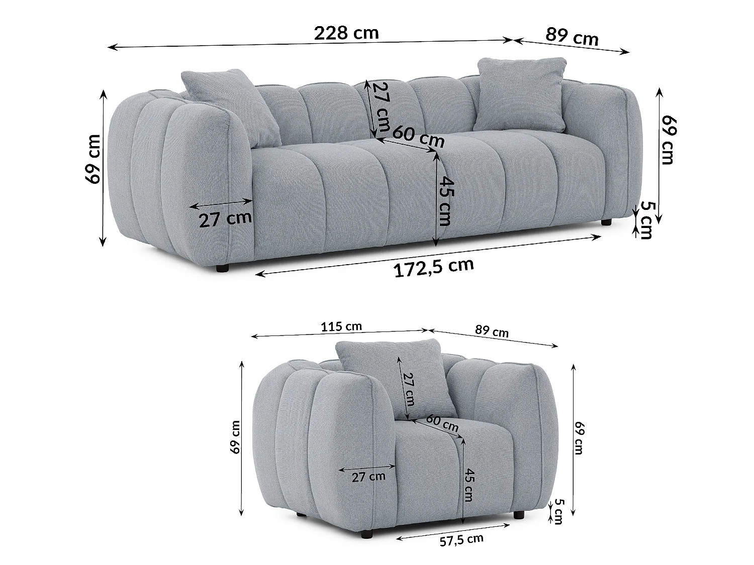 Ensemble de canapés 3+1 (3 places et fauteuil) en tissu structuré doux, au design moderne et à l’aspect matelassé NUBIRA
