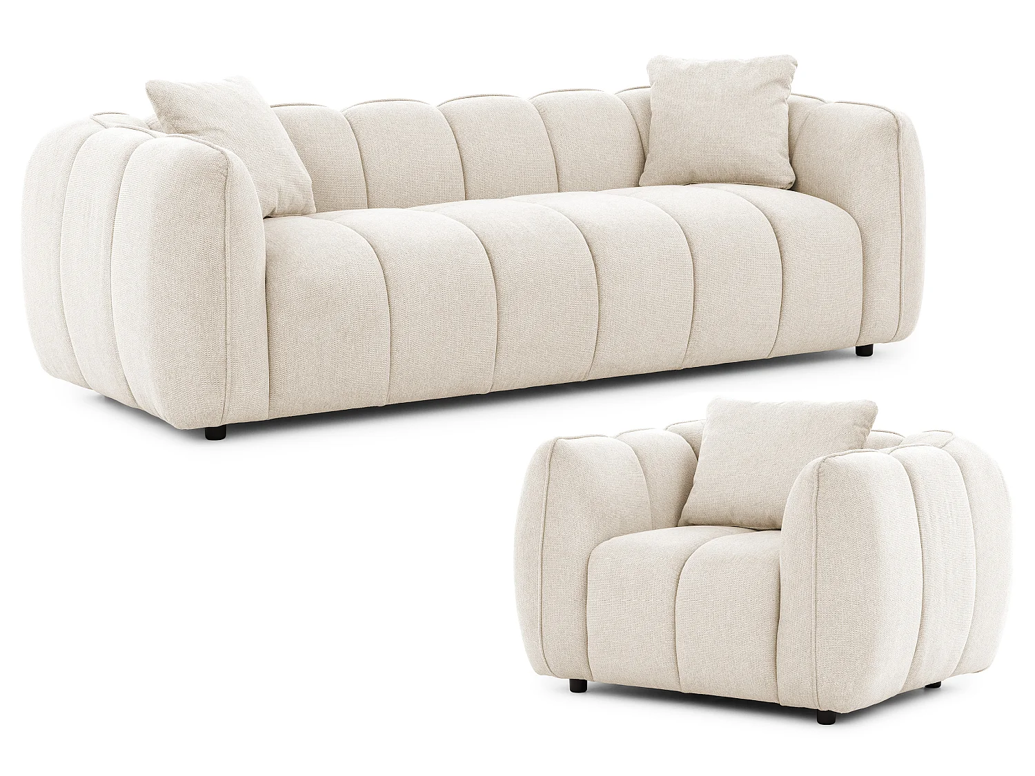Ensemble de canapés 3+1 (3 places et fauteuil) en tissu structuré doux, au design moderne et à l’aspect matelassé NUBIRA