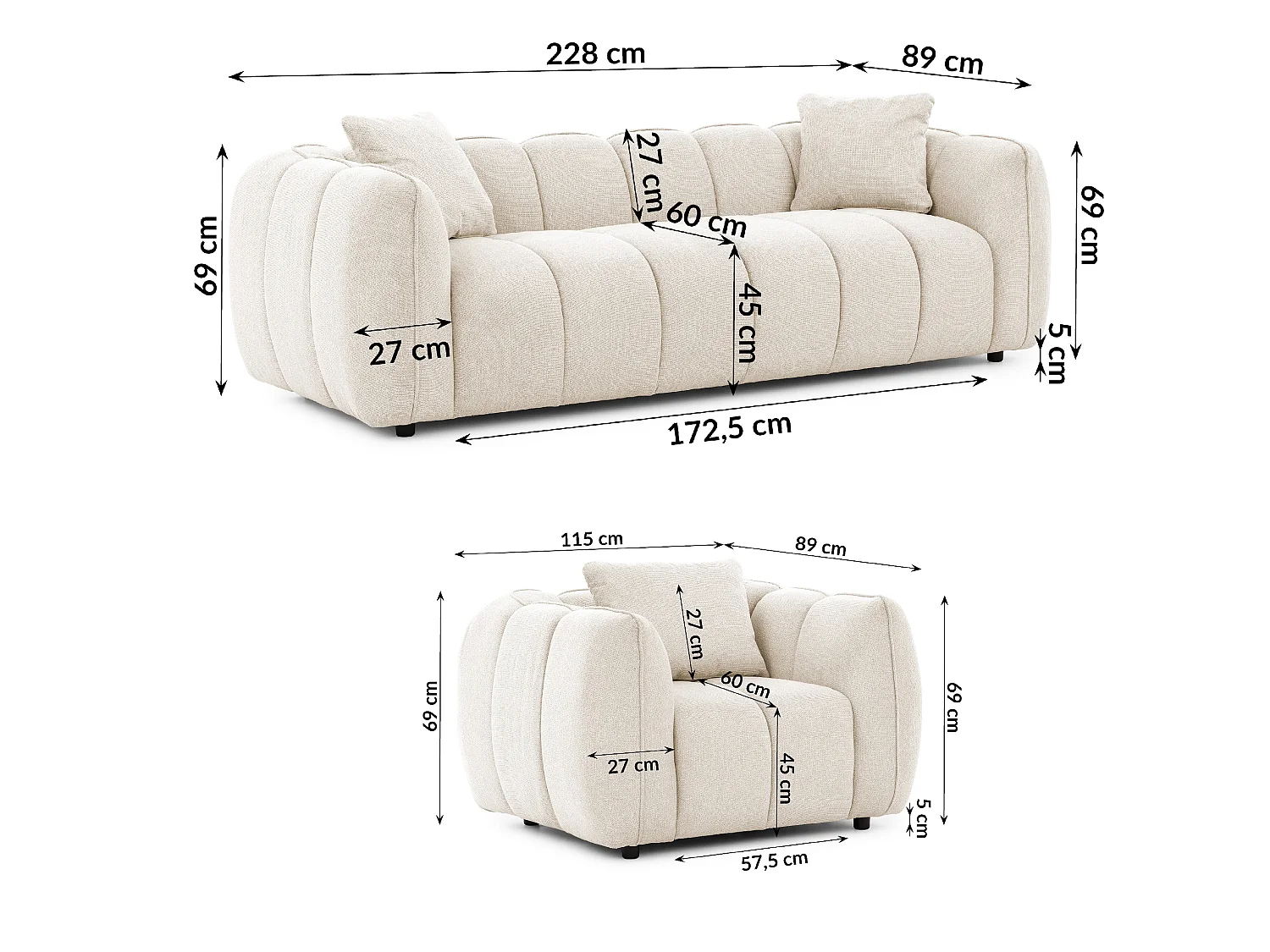 Ensemble de canapés 3+1 (3 places et fauteuil) en tissu structuré doux, au design moderne et à l’aspect matelassé NUBIRA