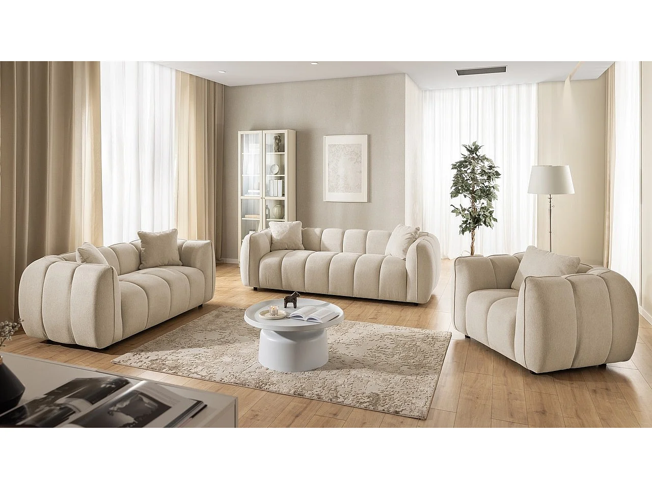 Fauteuil confortable au design moderne, avec un revêtement en tissu texturé doux et un capitonnage profond en style bubble - NUBIRA