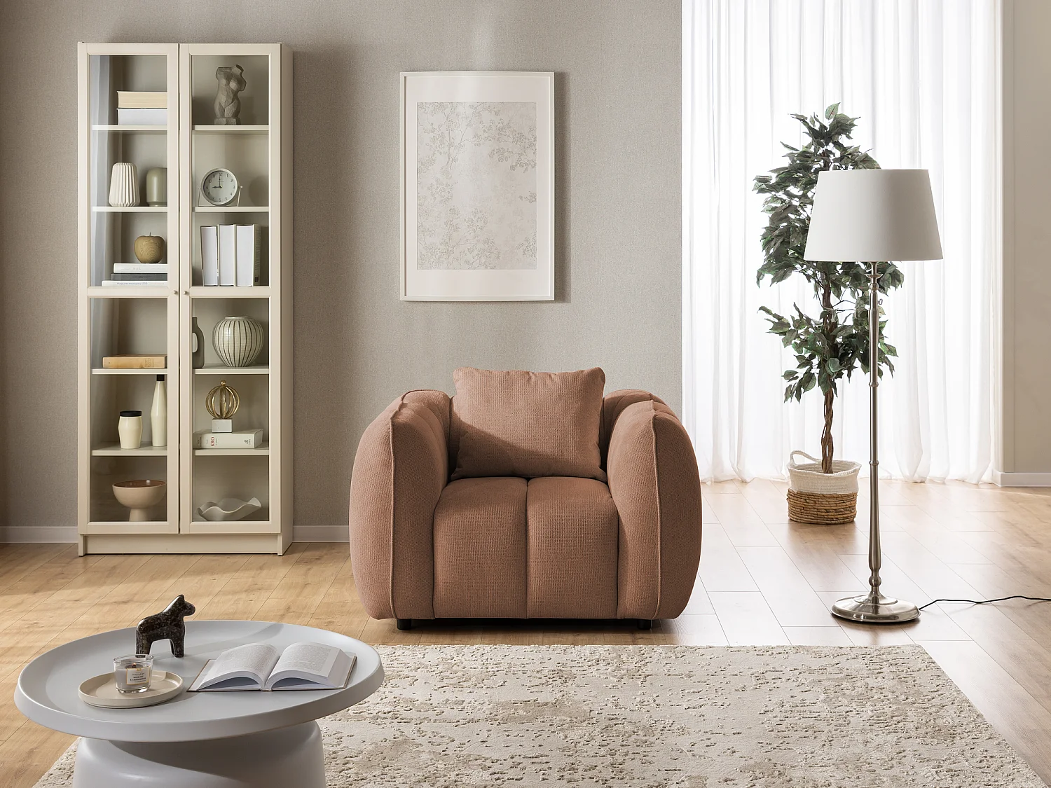 Fauteuil confortable au design moderne, avec un revêtement en tissu texturé doux et un capitonnage profond en style bubble - NUBIRA