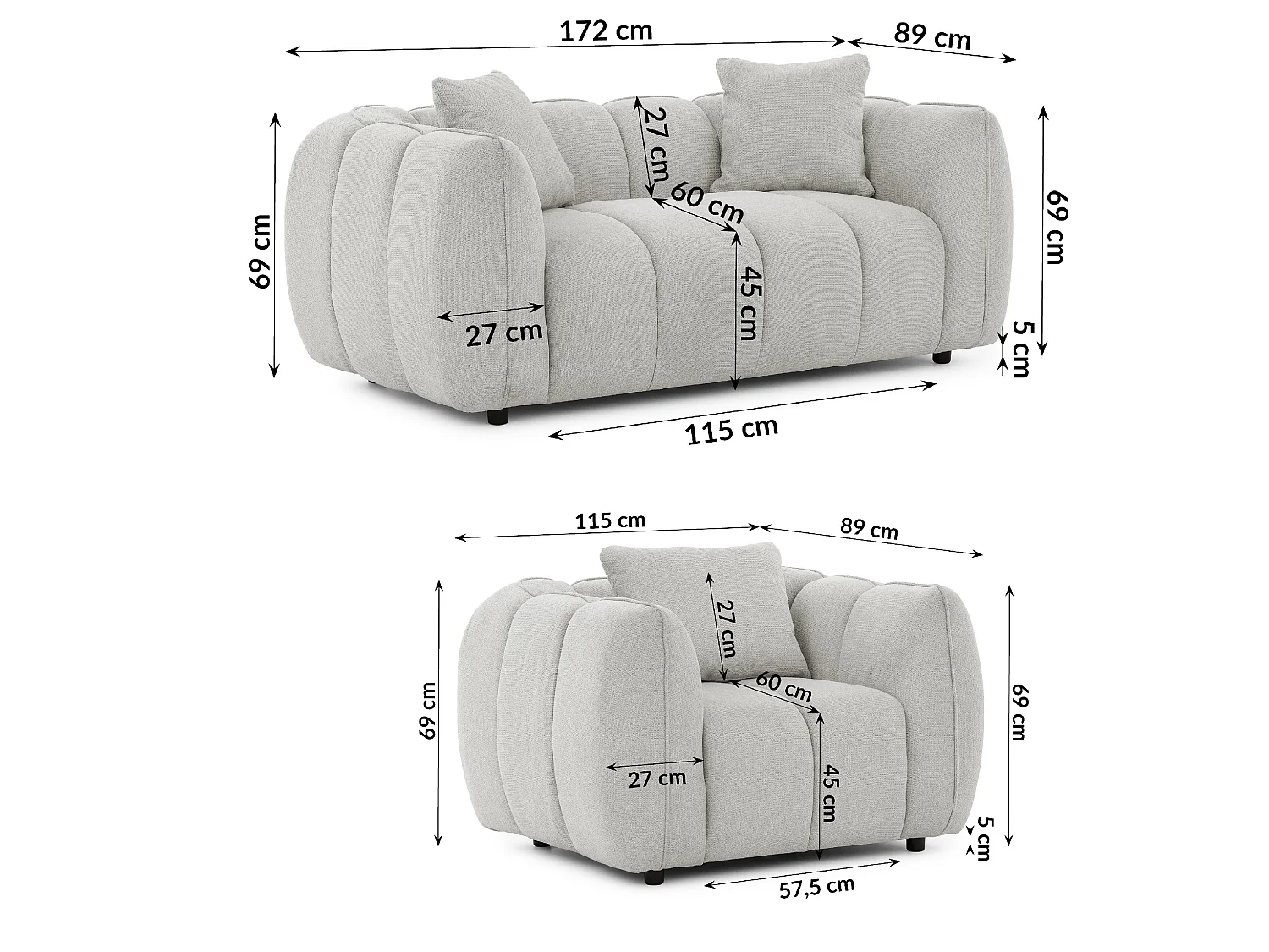 Ensemble de canapés 2+1 (2 places et fauteuil) en tissu structuré doux, au design moderne et à l’aspect matelassé NUBIRA