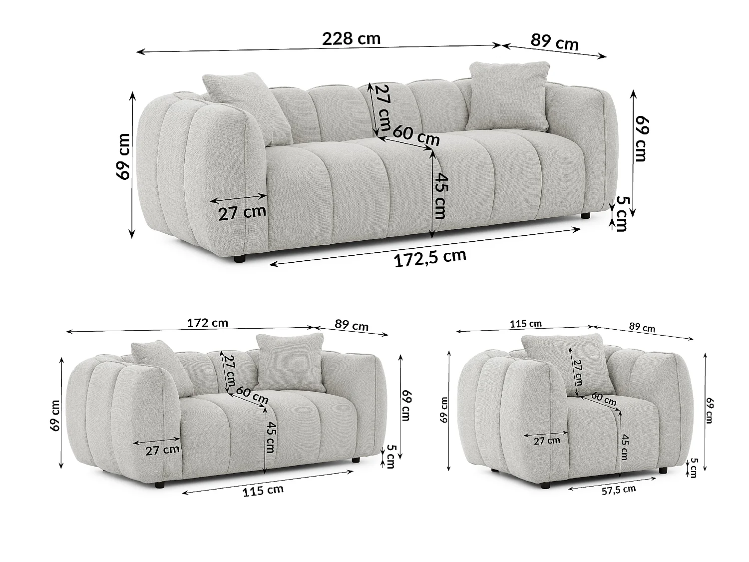 Ensemble de canapés 3+2+1 (3 places, 2 places et fauteuil) en tissu structuré doux, au design moderne et à l’aspect matelassé NUBIRA