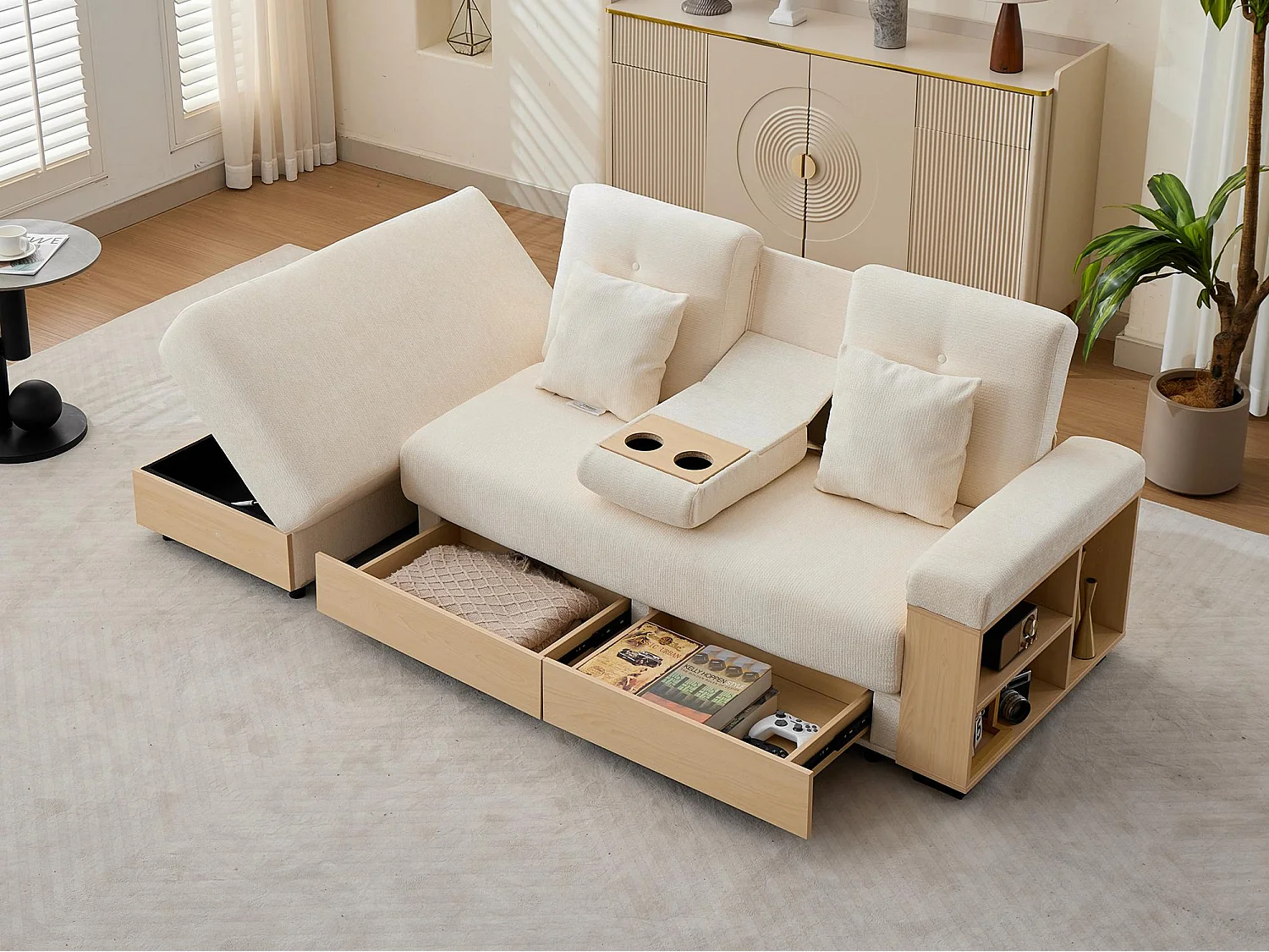 Canapé moderne 3 places - Dossier réglable en 3 positions - Pouf de rangement - 2 tiroirs et porte-gobelet - Tissu chenille - Beige