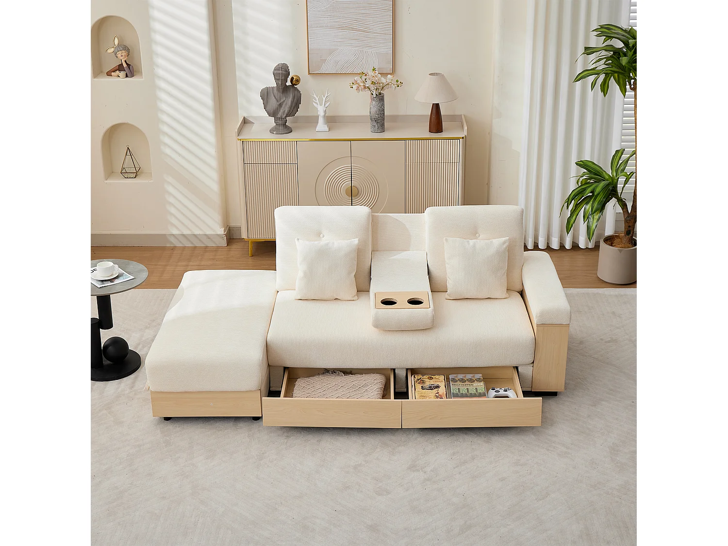 Canapé moderne 3 places - Dossier réglable en 3 positions - Pouf de rangement - 2 tiroirs et porte-gobelet - Tissu chenille - Beige