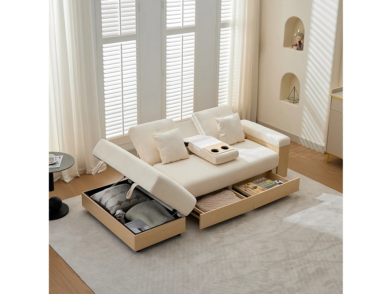 Canapé moderne 3 places - Dossier réglable en 3 positions - Pouf de rangement - 2 tiroirs et porte-gobelet - Tissu chenille - Beige