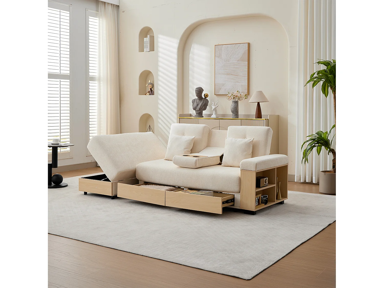 Canapé moderne 3 places - Dossier réglable en 3 positions - Pouf de rangement - 2 tiroirs et porte-gobelet - Tissu chenille - Beige