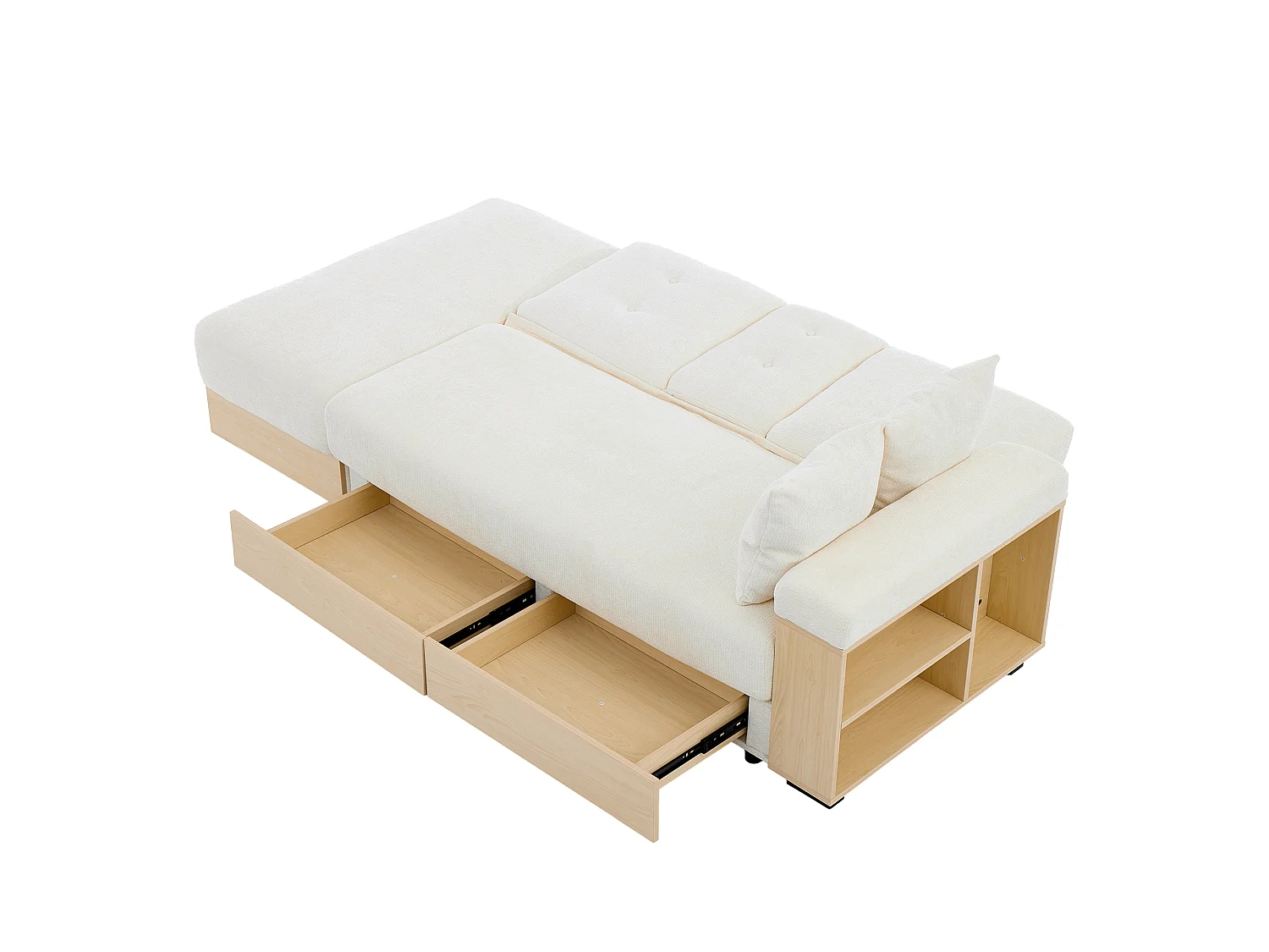 Canapé moderne 3 places - Dossier réglable en 3 positions - Pouf de rangement - 2 tiroirs et porte-gobelet - Tissu chenille - Beige