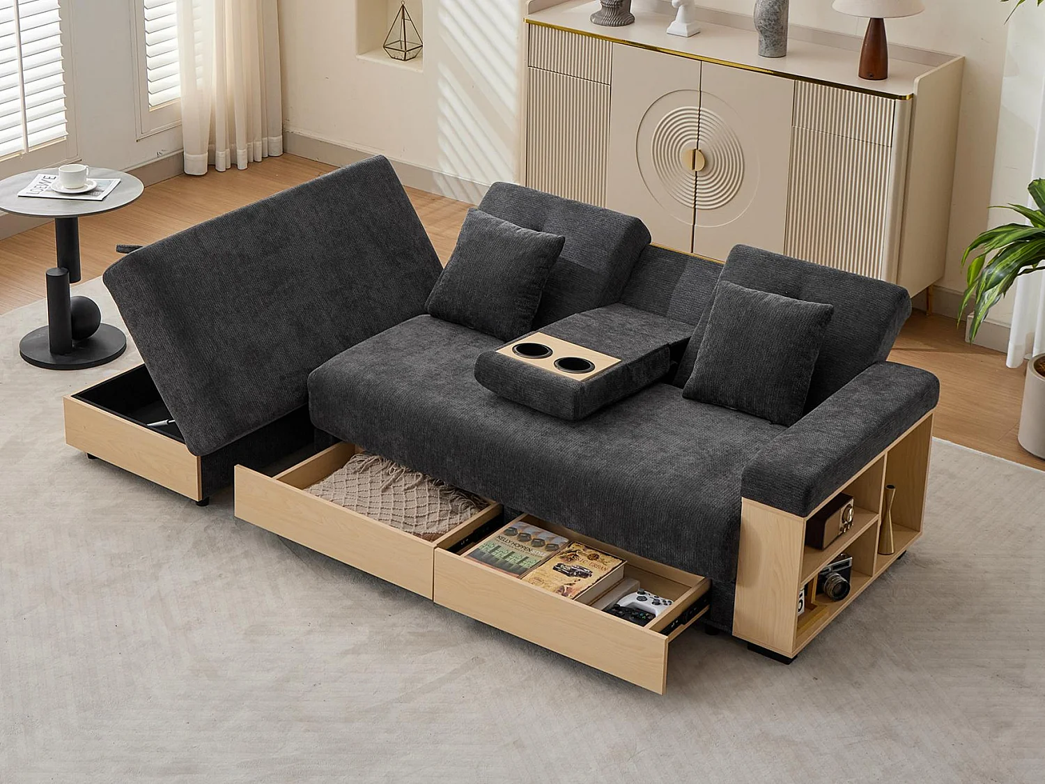 Canapé moderne 3 places - Dossier réglable en 3 positions - Pouf de rangement - 2 tiroirs et porte-gobelet - Tissu chenille - Gris