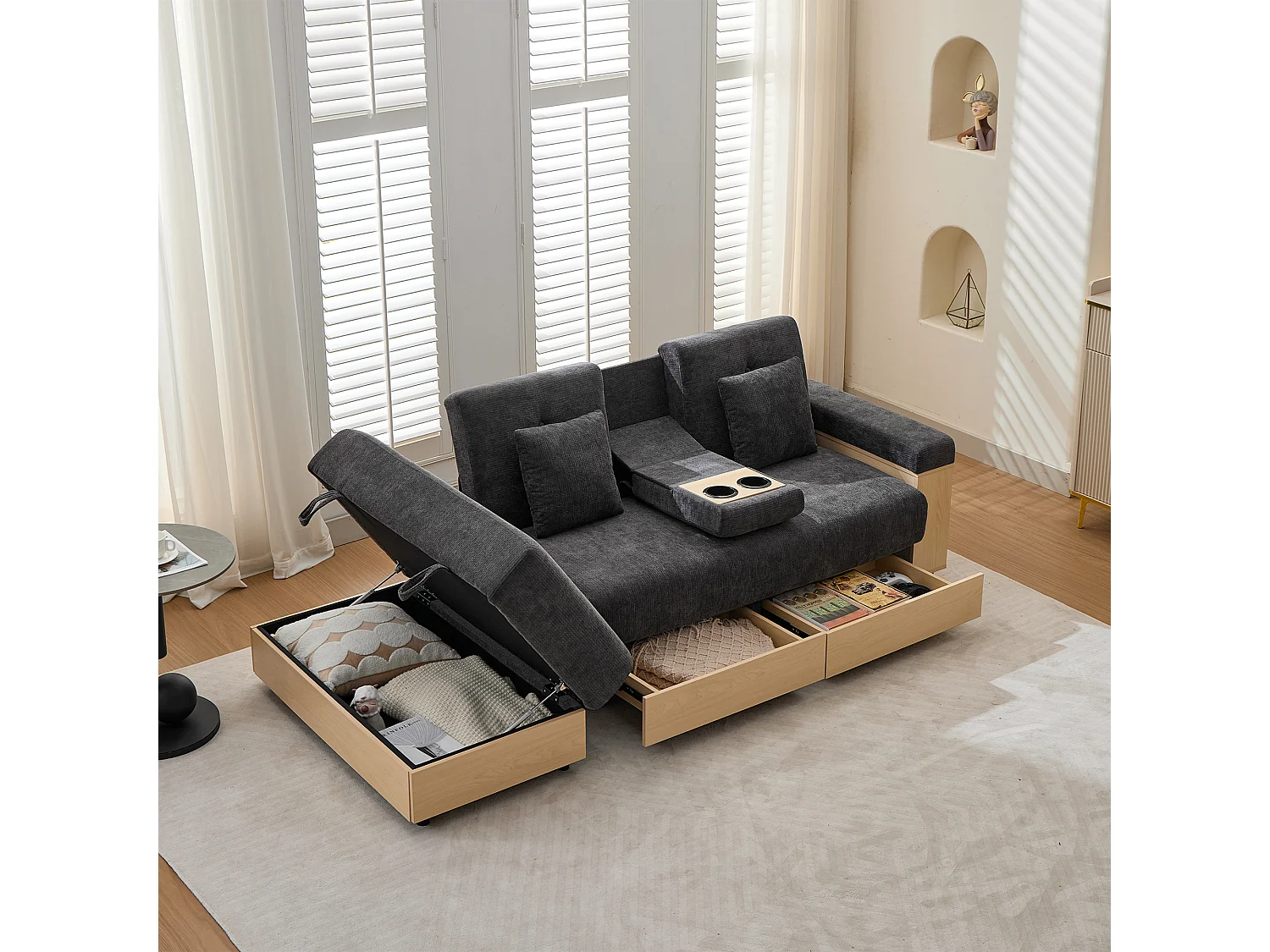 Canapé moderne 3 places - Dossier réglable en 3 positions - Pouf de rangement - 2 tiroirs et porte-gobelet - Tissu chenille - Gris