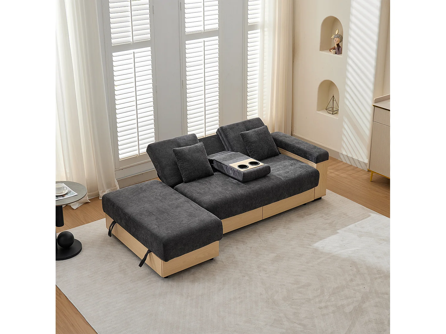 Canapé moderne 3 places - Dossier réglable en 3 positions - Pouf de rangement - 2 tiroirs et porte-gobelet - Tissu chenille - Gris