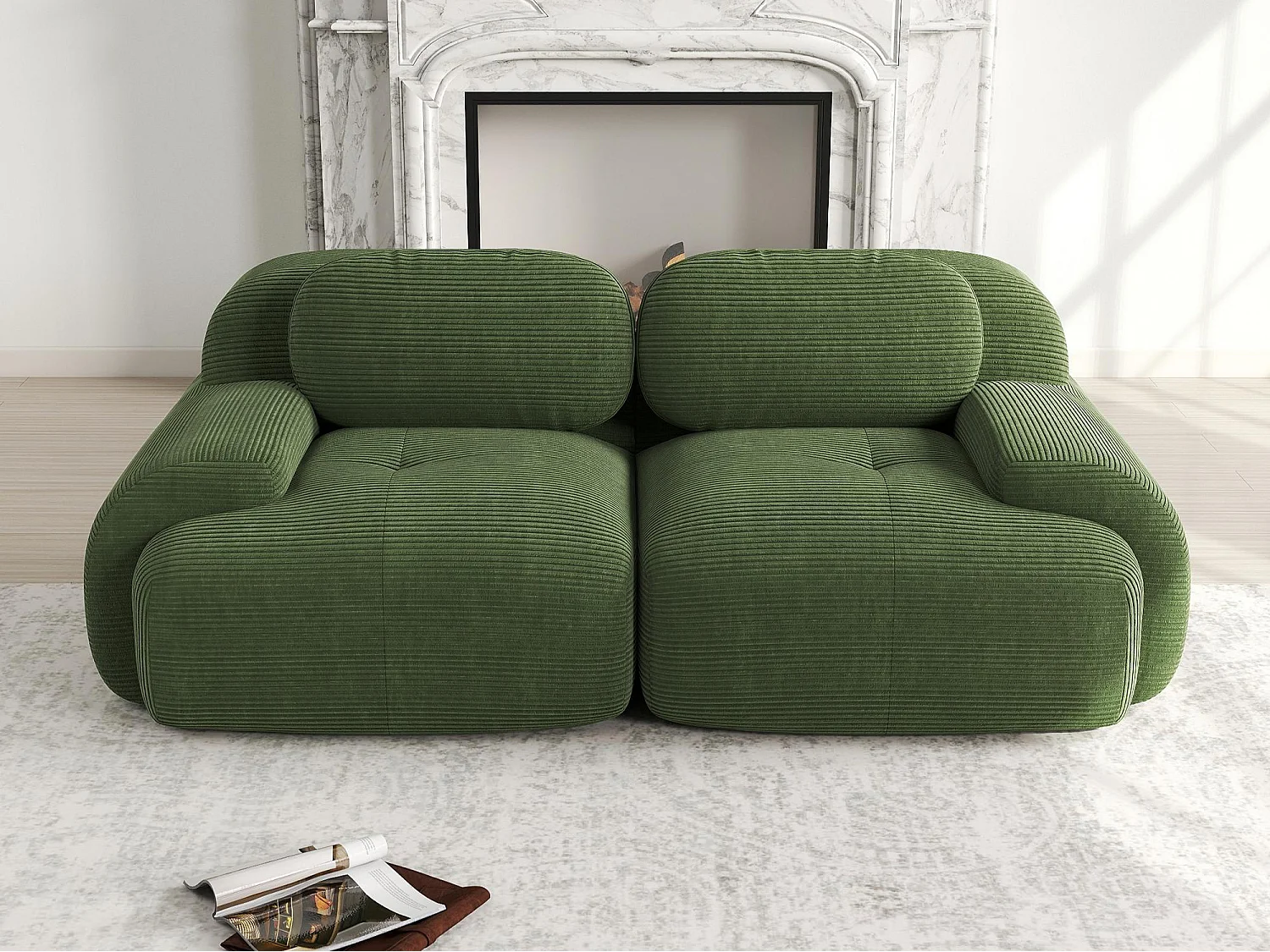 Canapé deux places sans cadre - Modulaire et combinable - Tissu très élastique - Velours côtelé - Vert