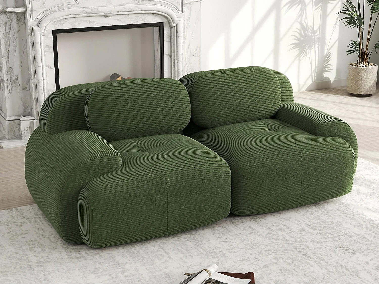 Canapé deux places sans cadre - Modulaire et combinable - Tissu très élastique - Velours côtelé - Vert