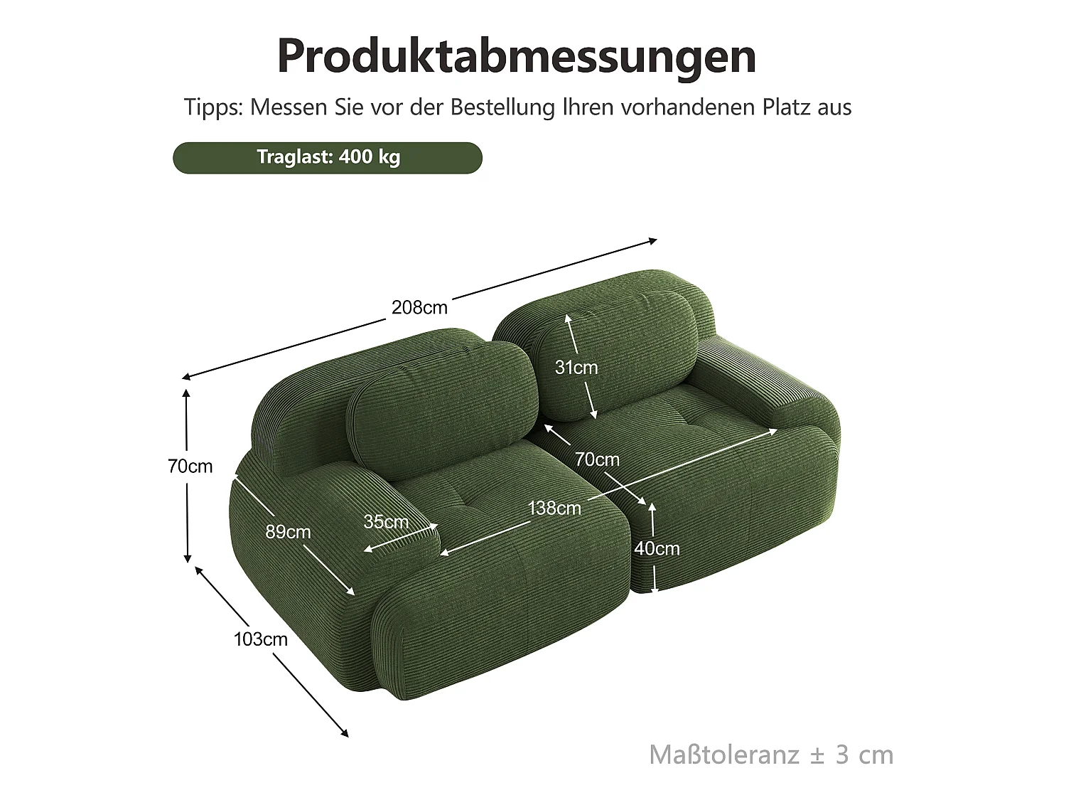 Canapé deux places sans cadre - Modulaire et combinable - Tissu très élastique - Velours côtelé - Vert