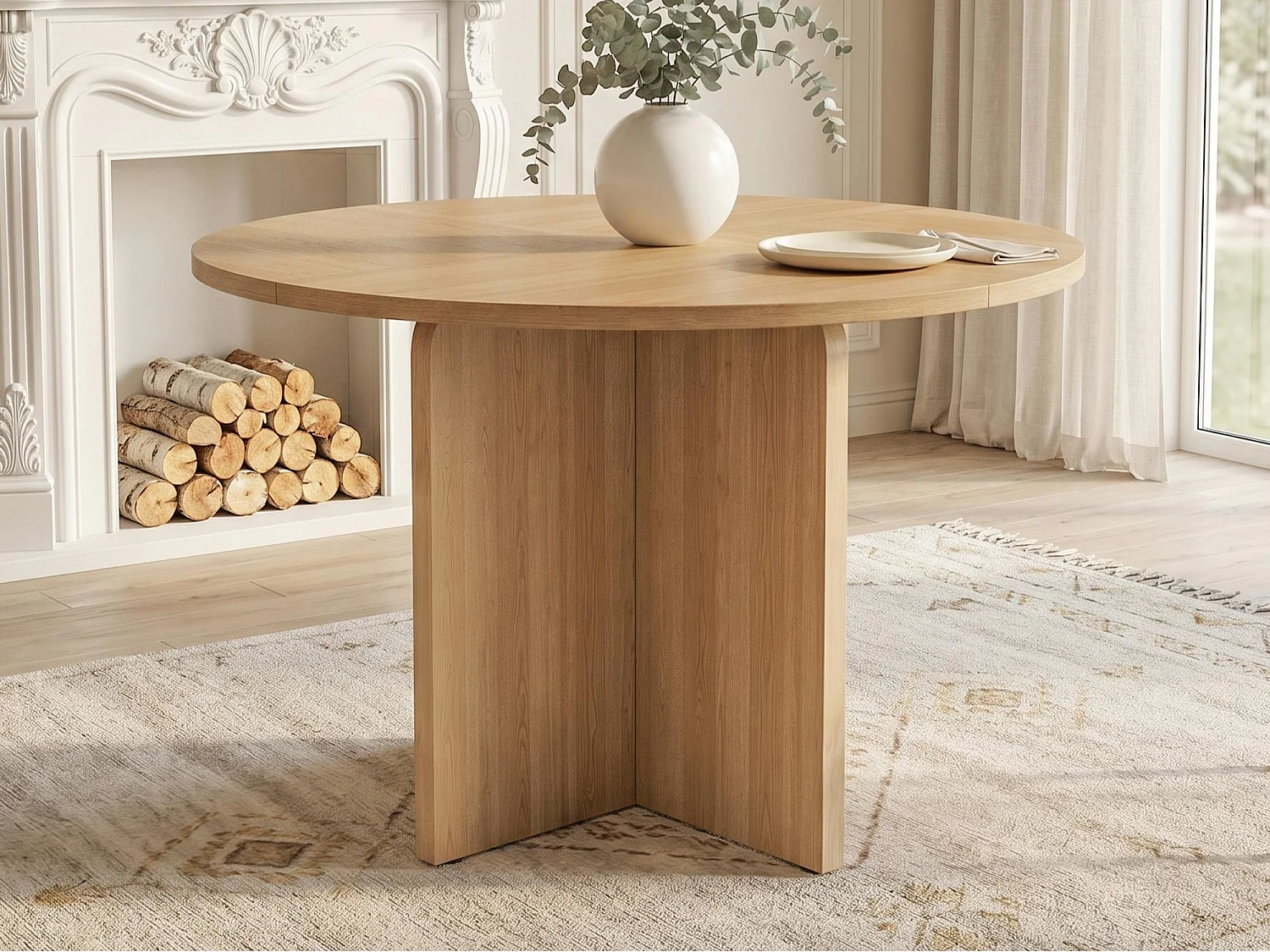 Table de salle à manger ronde 120x120x75cm - 4 à 6 personnes - Style minimaliste - Placage chêne - MDF - Naturel