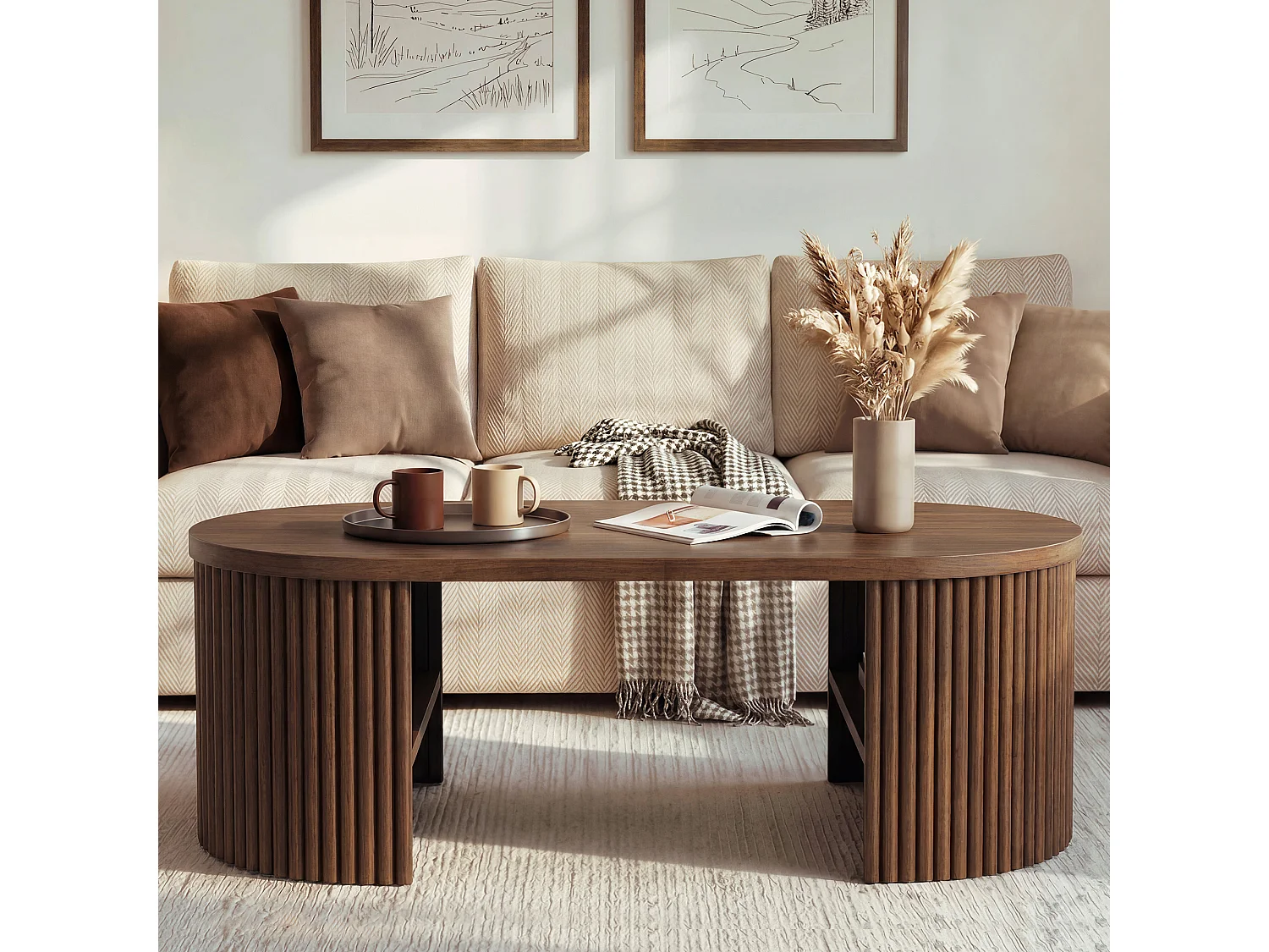 Table basse ovale 100x50x35 cm - Table d'appoint avec 2 compartiments de rangement intégrés - MDF - Marron