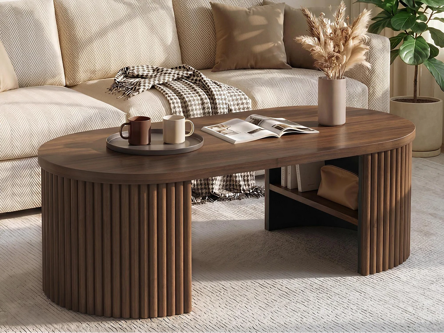 Table basse ovale 100x50x35 cm - Table d'appoint avec 2 compartiments de rangement intégrés - MDF - Marron