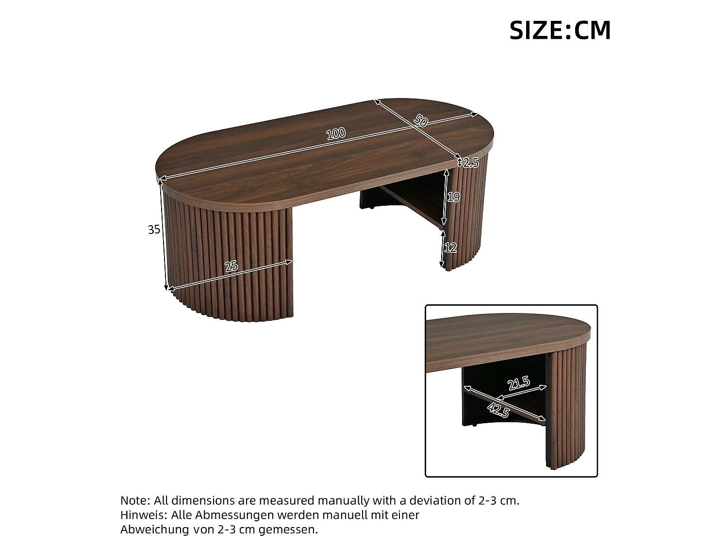 Table basse ovale 100x50x35 cm - Table d'appoint avec 2 compartiments de rangement intégrés - MDF - Marron