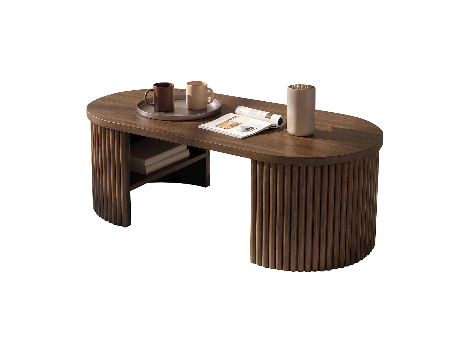 Table basse ovale 100x50x35 cm - Table d'appoint avec 2 compartiments de rangement intégrés - MDF - Marron