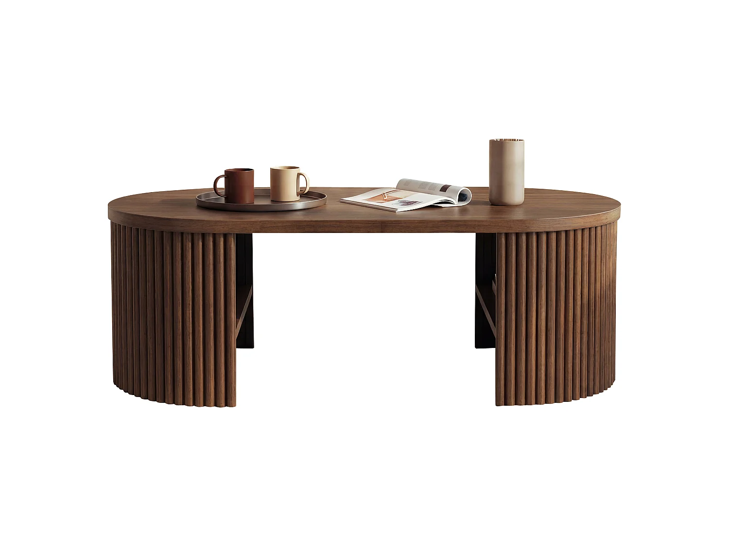 Table basse ovale 100x50x35 cm - Table d'appoint avec 2 compartiments de rangement intégrés - MDF - Marron