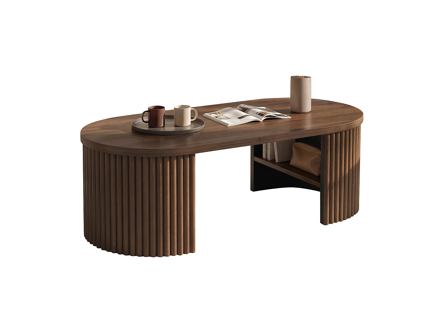 Table basse ovale 100x50x35 cm - Table d'appoint avec 2 compartiments de rangement intégrés - MDF - Marron