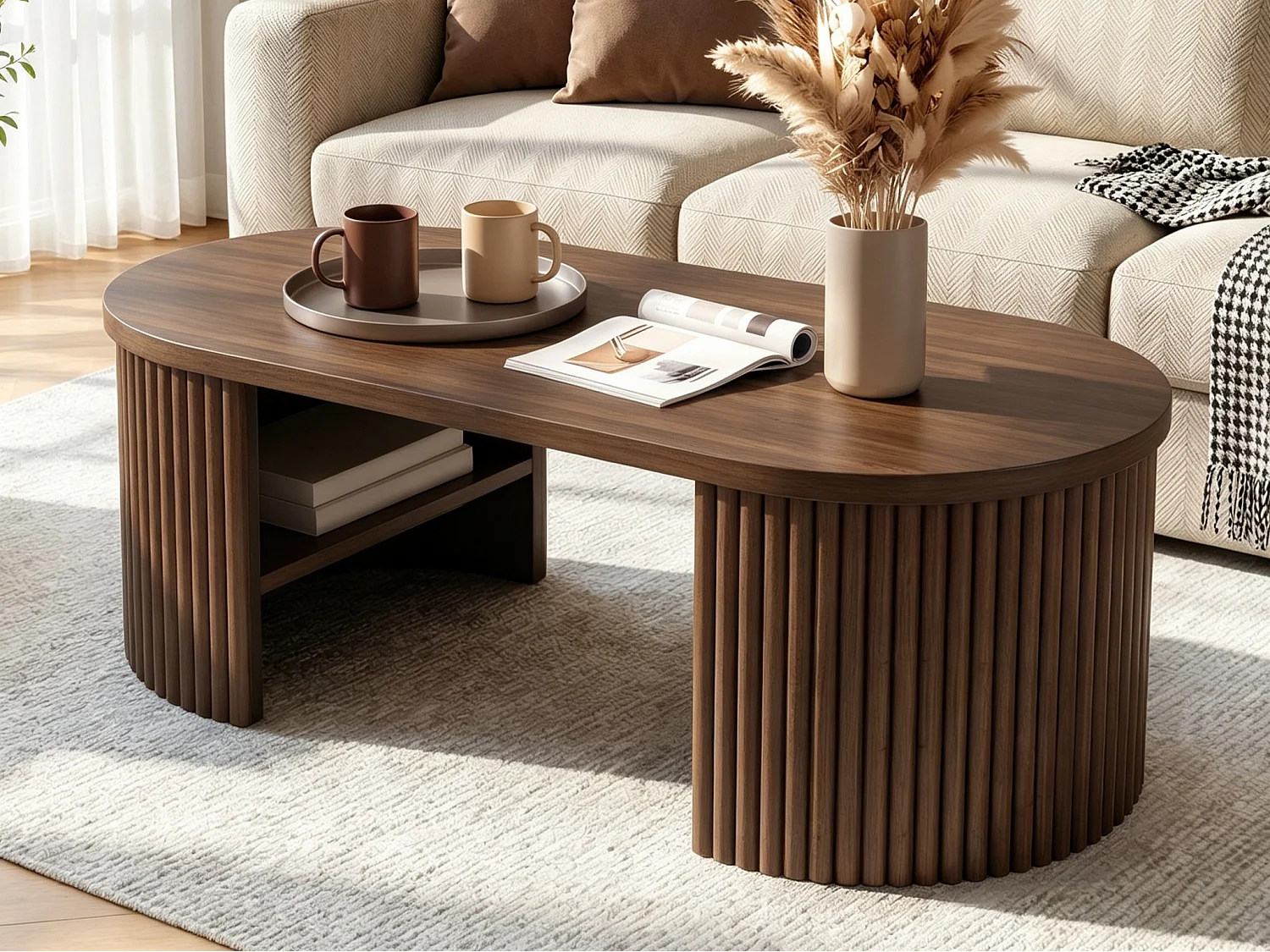 Table basse ovale 100x50x35 cm - Table d'appoint avec 2 compartiments de rangement intégrés - MDF - Marron