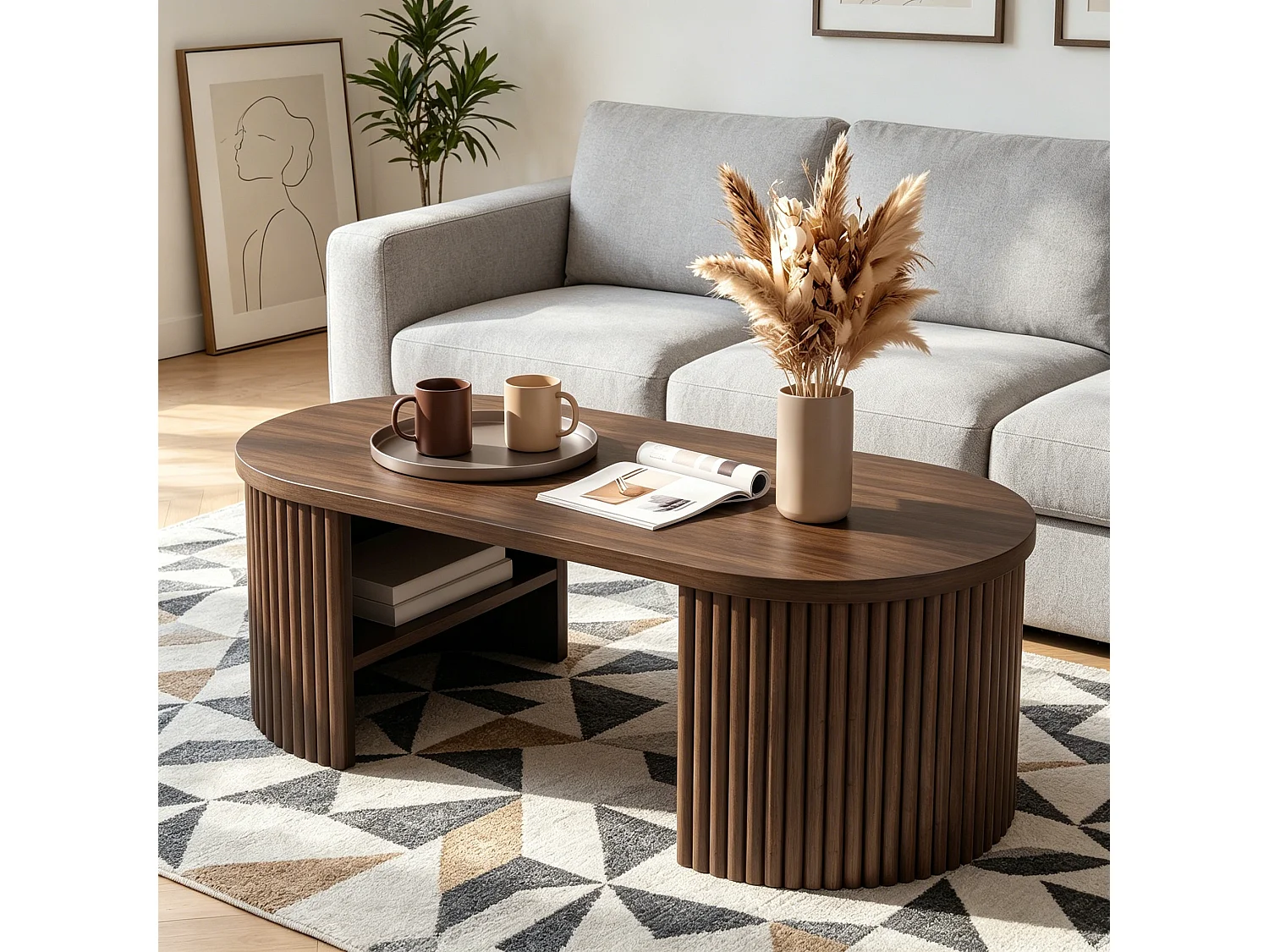 Table basse ovale 100x50x35 cm - Table d'appoint avec 2 compartiments de rangement intégrés - MDF - Marron