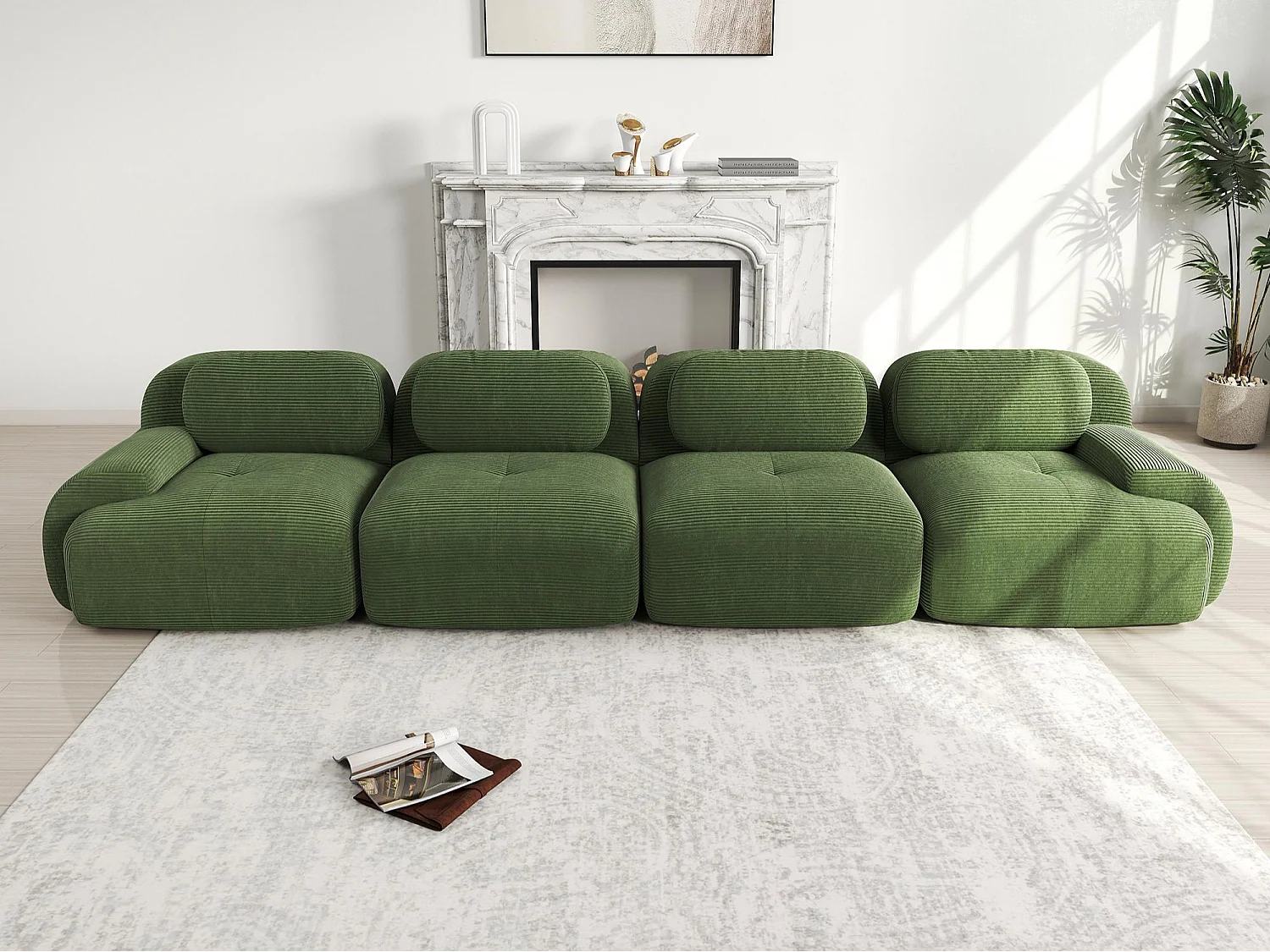 Canapé 4 places sans cadre - Modulaire et combinable - Tissu très élastique - Velours côtelé - Vert