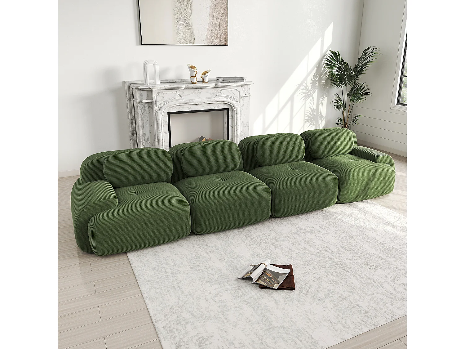 Canapé 4 places sans cadre - Modulaire et combinable - Tissu très élastique - Velours côtelé - Vert