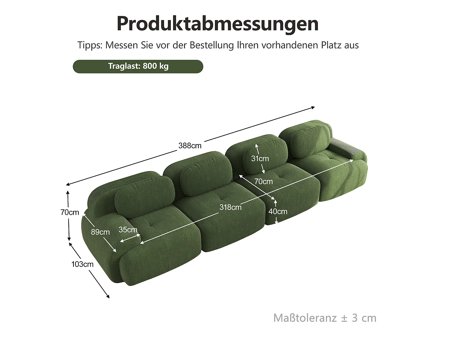 Canapé 4 places sans cadre - Modulaire et combinable - Tissu très élastique - Velours côtelé - Vert