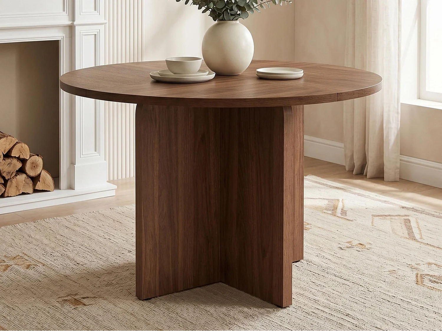 Table de salle à manger ronde 120x120x75cm - 4 à 6 personnes - Style minimaliste - Placage noyer - MDF - Marron