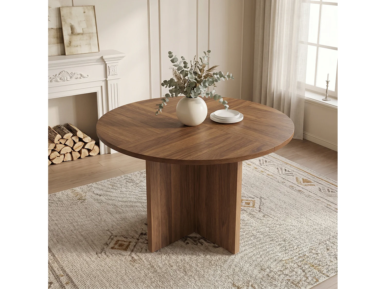 Table de salle à manger ronde 120x120x75cm - 4 à 6 personnes - Style minimaliste - Placage noyer - MDF - Marron