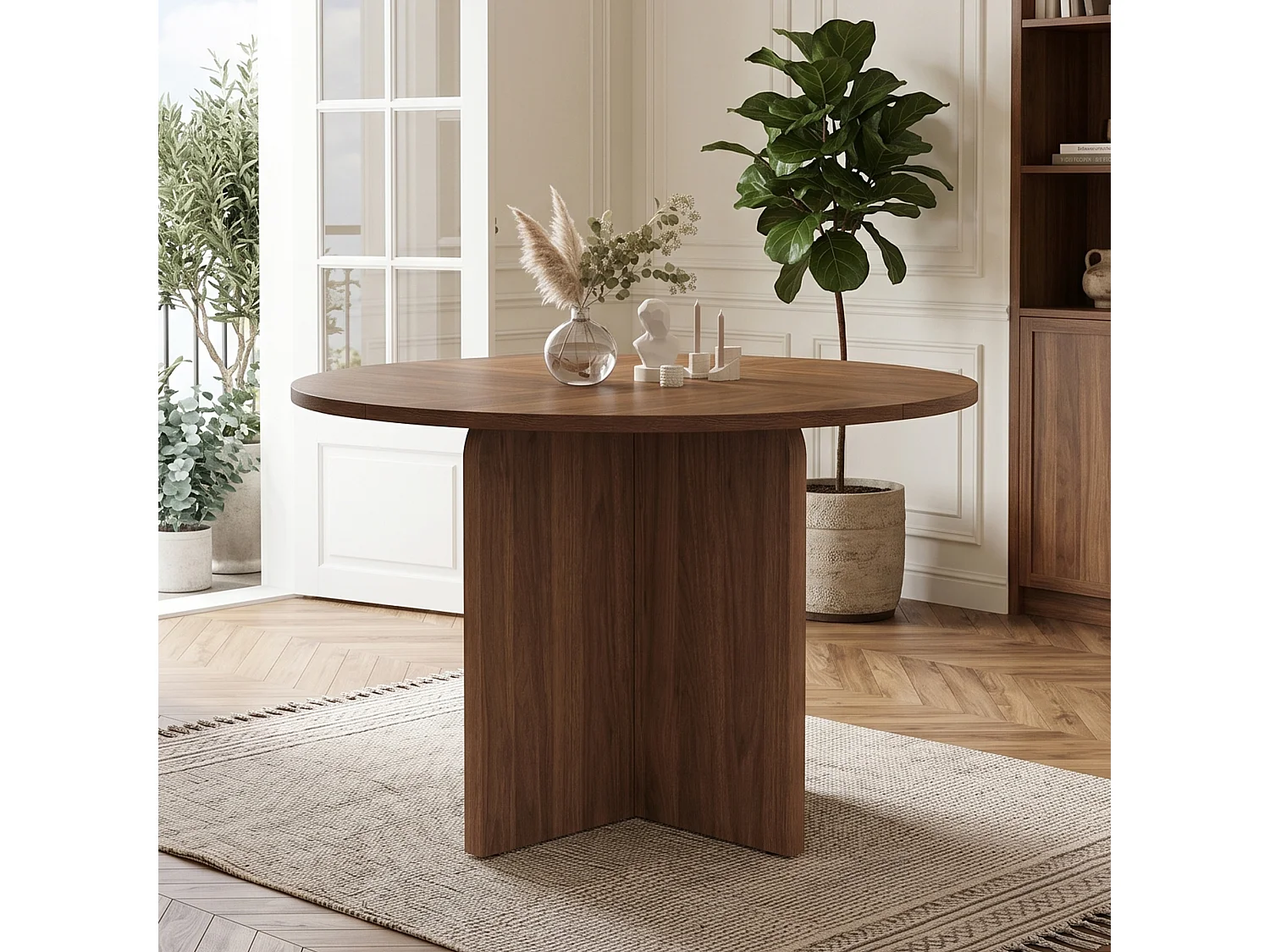 Table de salle à manger ronde 120x120x75cm - 4 à 6 personnes - Style minimaliste - Placage noyer - MDF - Marron