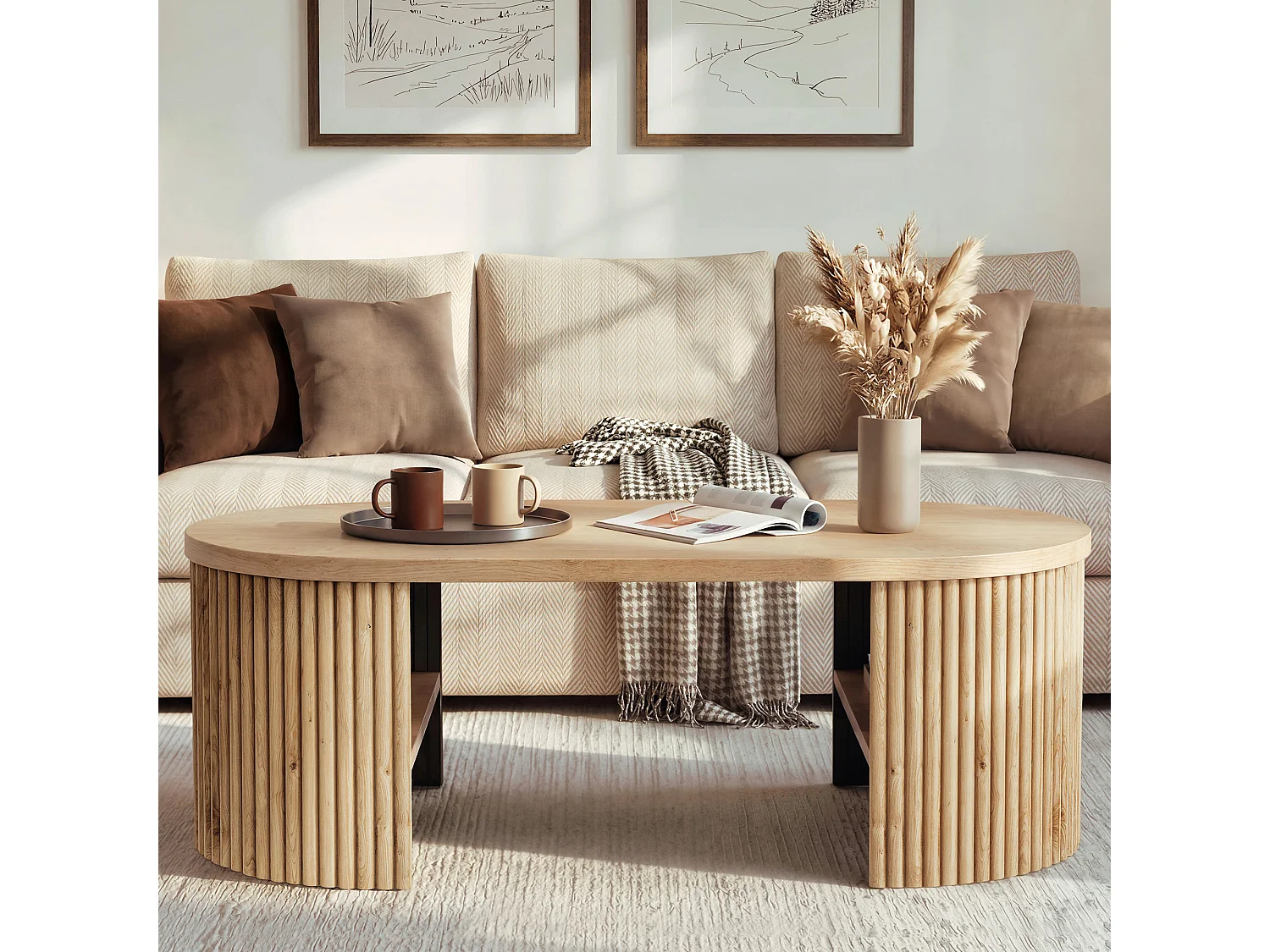 Table basse ovale 100x50x35 cm - Table d'appoint avec 2 compartiments de rangement intégrés - MDF - Naturel