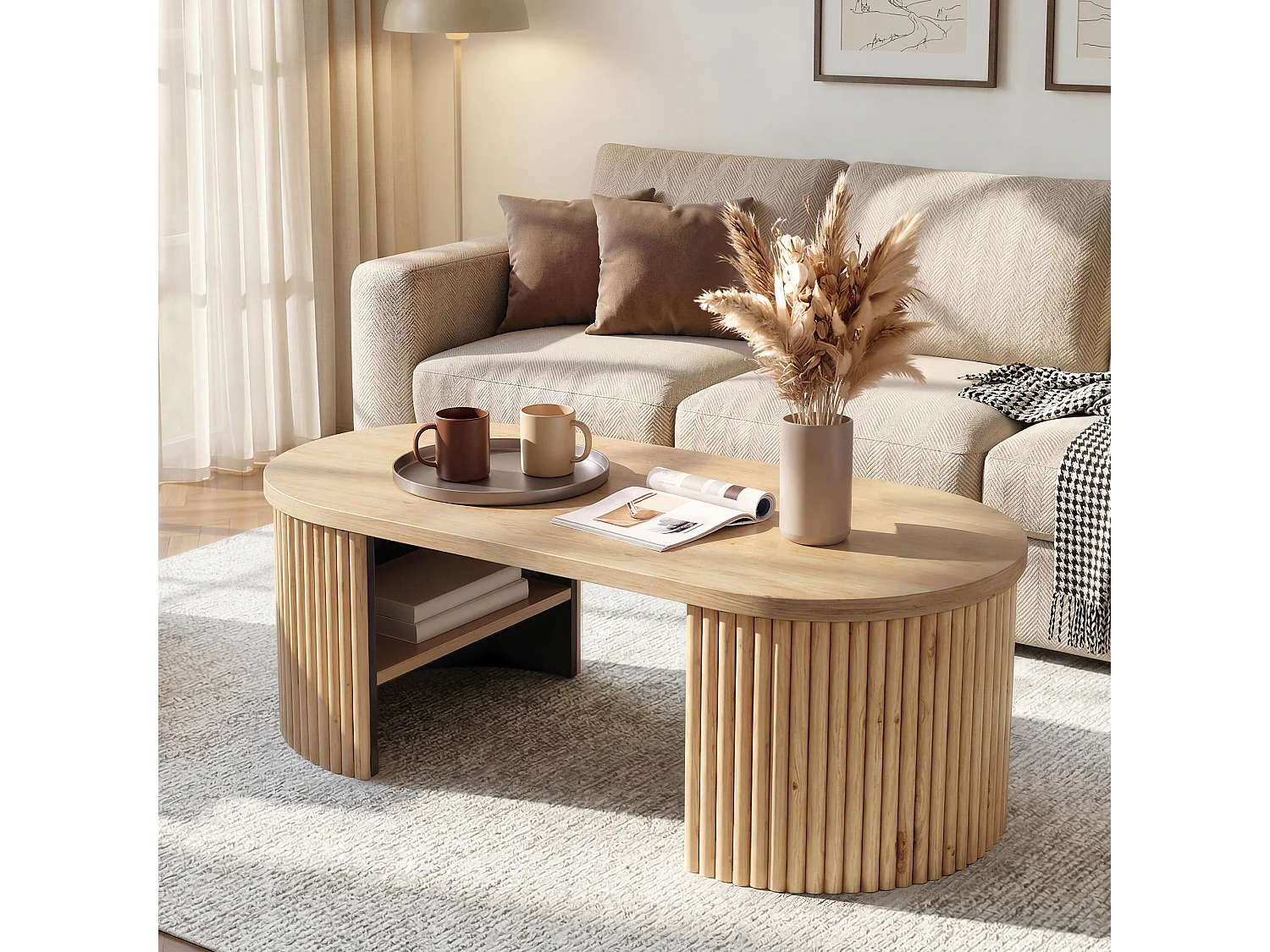 Table basse ovale 100x50x35 cm - Table d'appoint avec 2 compartiments de rangement intégrés - MDF - Naturel