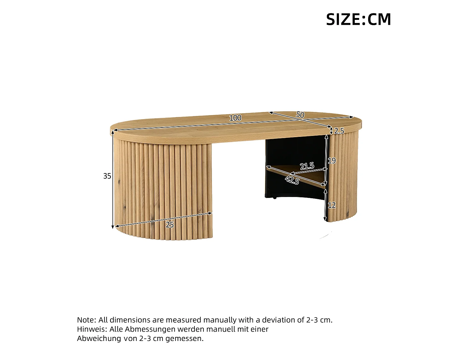 Table basse ovale 100x50x35 cm - Table d'appoint avec 2 compartiments de rangement intégrés - MDF - Naturel