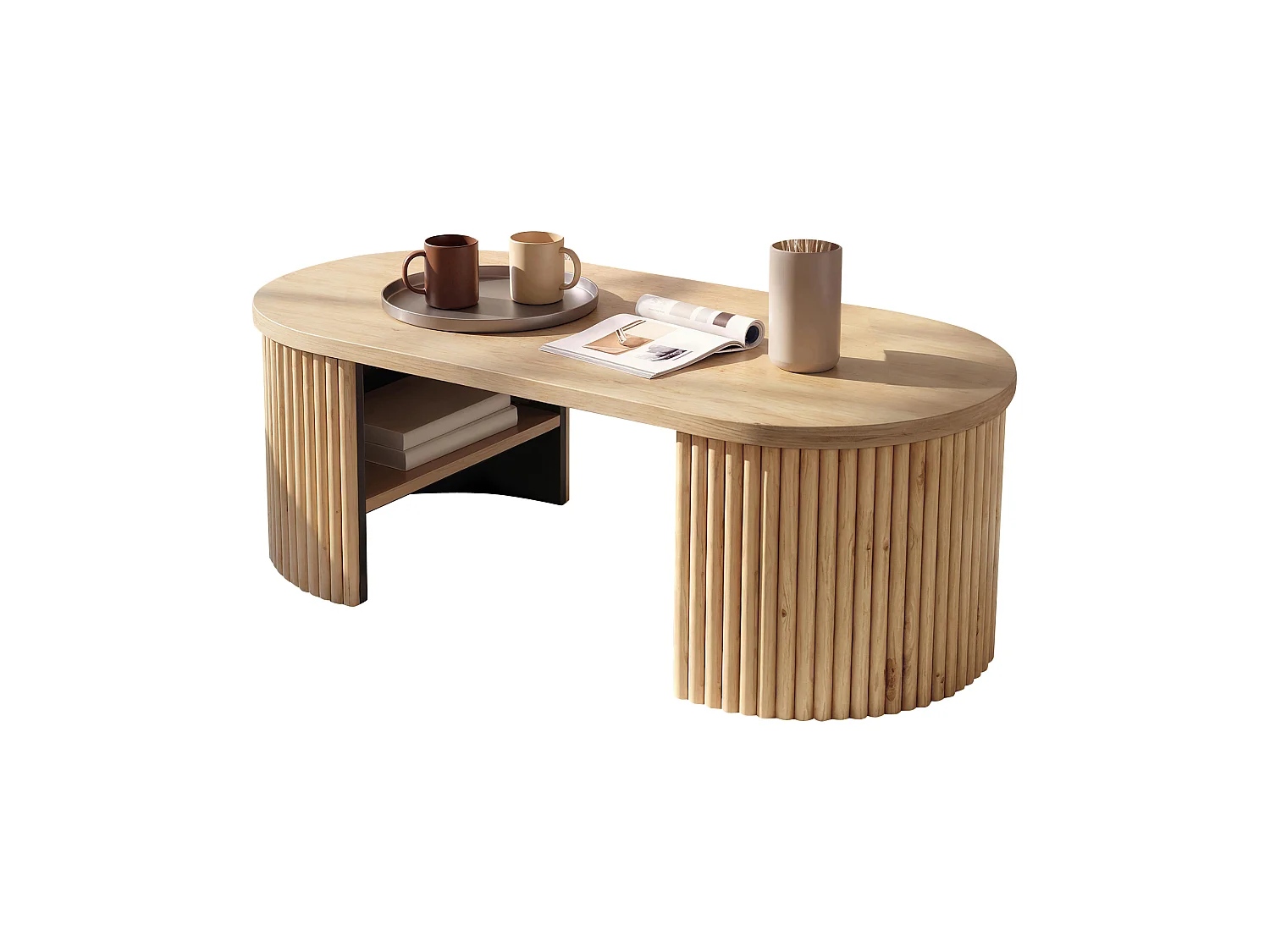 Table basse ovale 100x50x35 cm - Table d'appoint avec 2 compartiments de rangement intégrés - MDF - Naturel