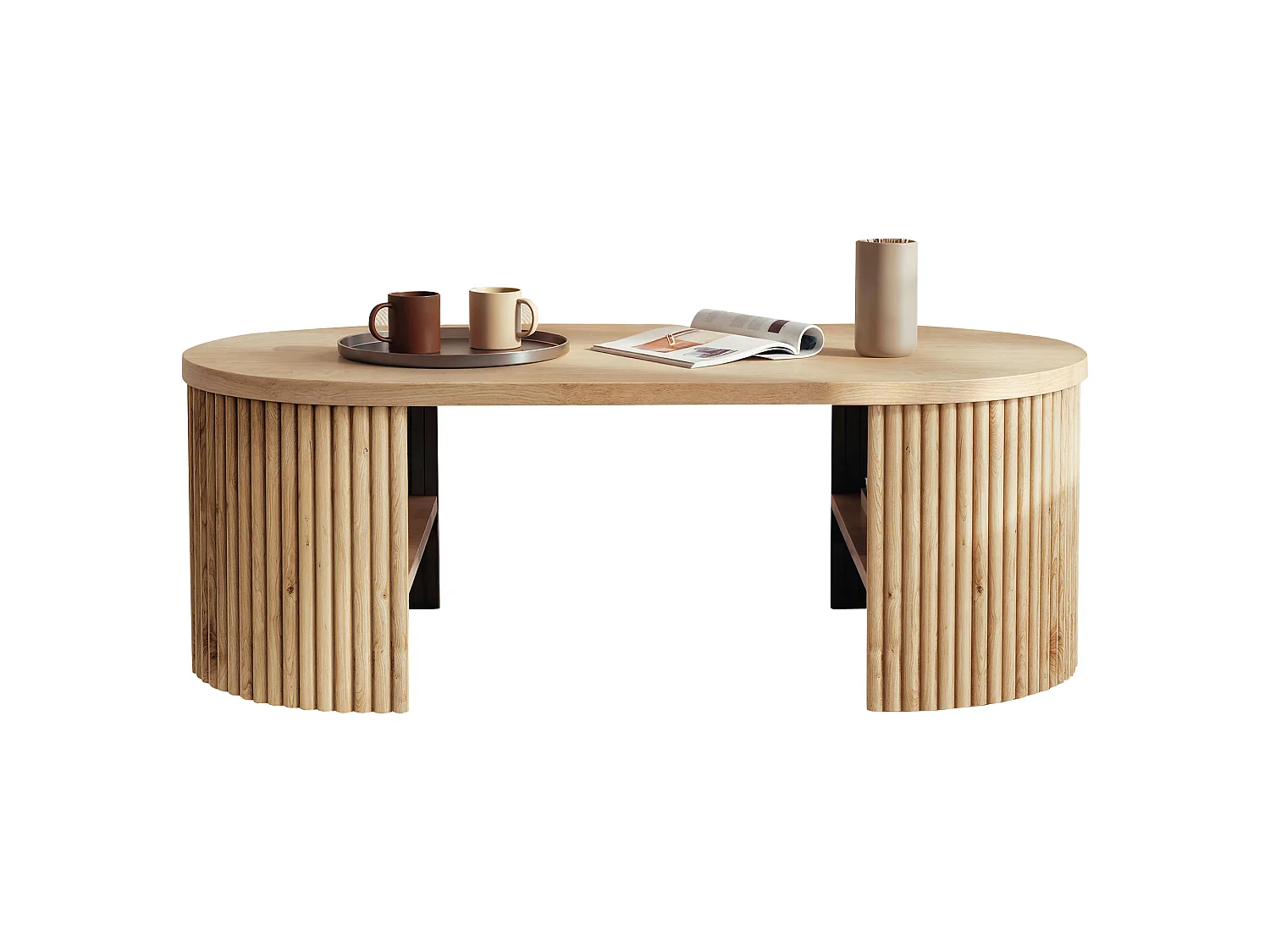 Table basse ovale 100x50x35 cm - Table d'appoint avec 2 compartiments de rangement intégrés - MDF - Naturel