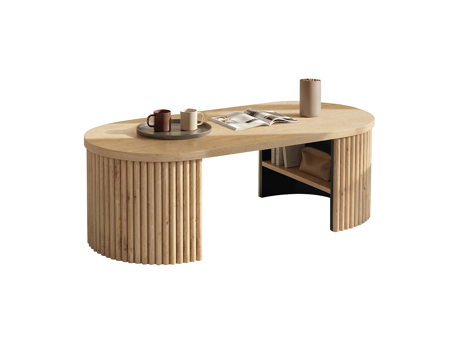Table basse ovale 100x50x35 cm - Table d'appoint avec 2 compartiments de rangement intégrés - MDF - Naturel