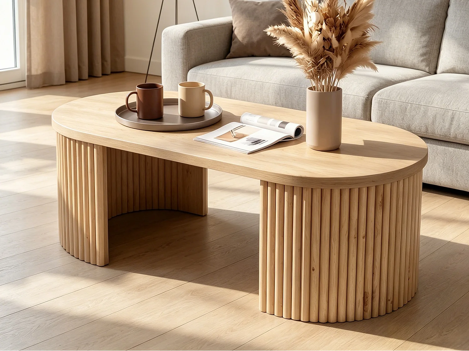 Table basse ovale 100x50x35 cm - Table d'appoint avec 2 compartiments de rangement intégrés - MDF - Naturel