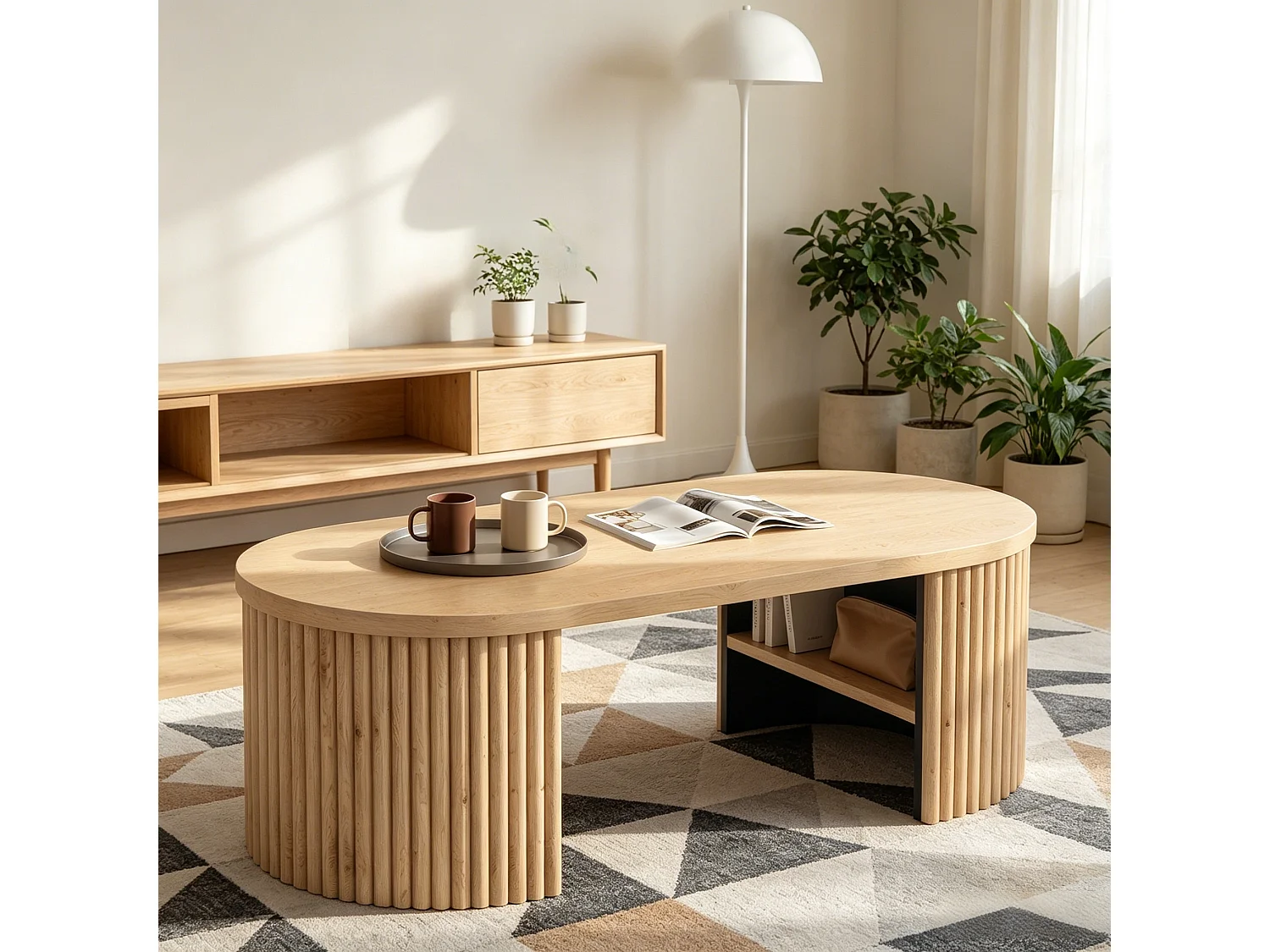Table basse ovale 100x50x35 cm - Table d'appoint avec 2 compartiments de rangement intégrés - MDF - Naturel