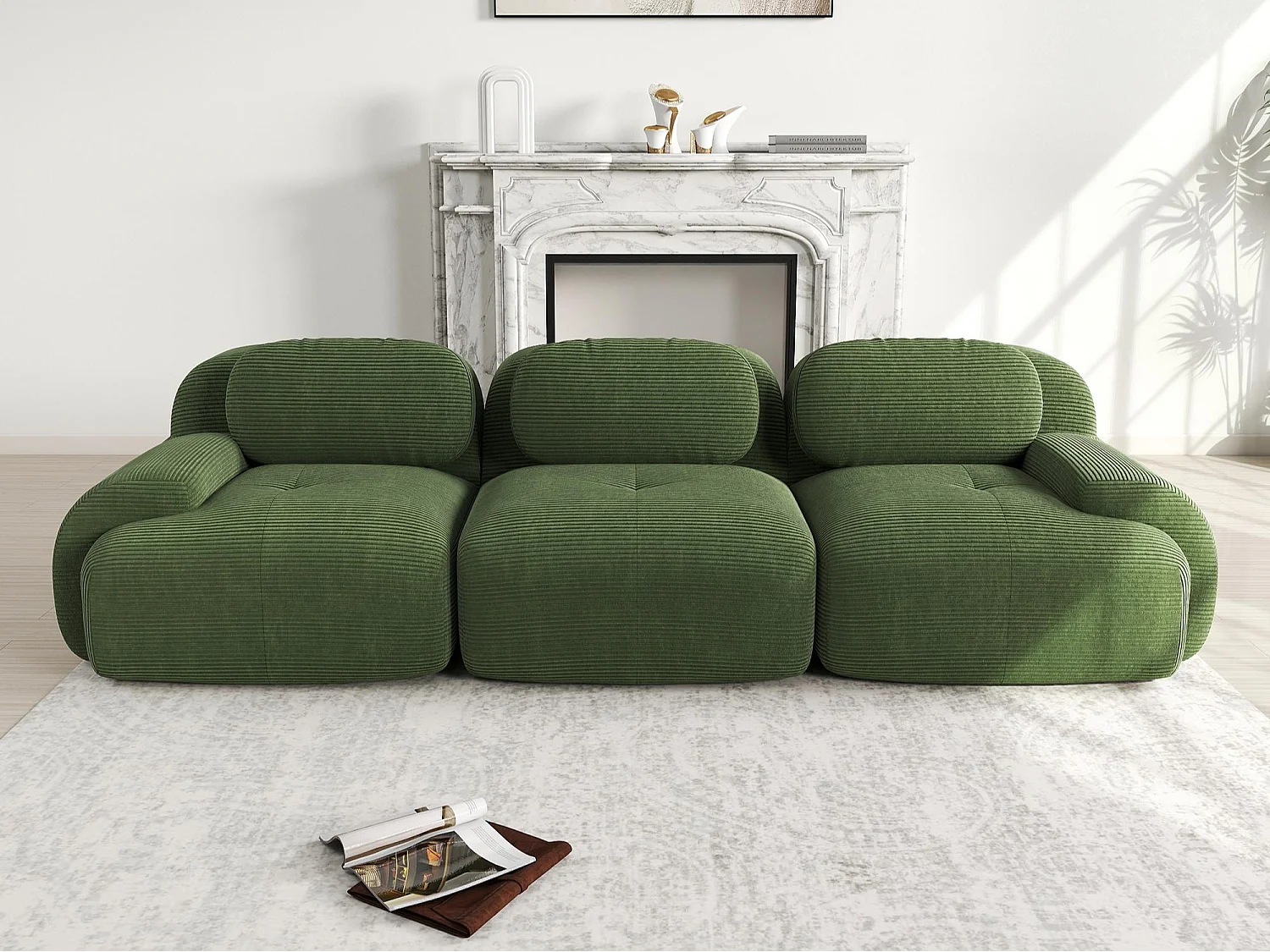 Canapé 3 places sans cadre - Modulaire et combinable - Tissu très élastique - Velours côtelé - Vert