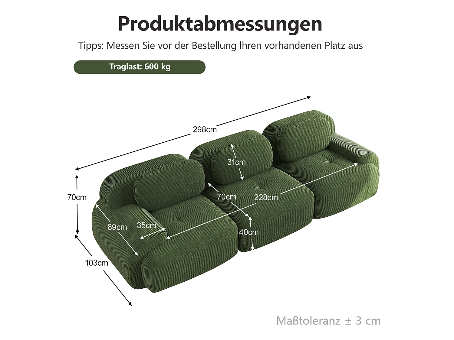 Canapé 3 places sans cadre - Modulaire et combinable - Tissu très élastique - Velours côtelé - Vert